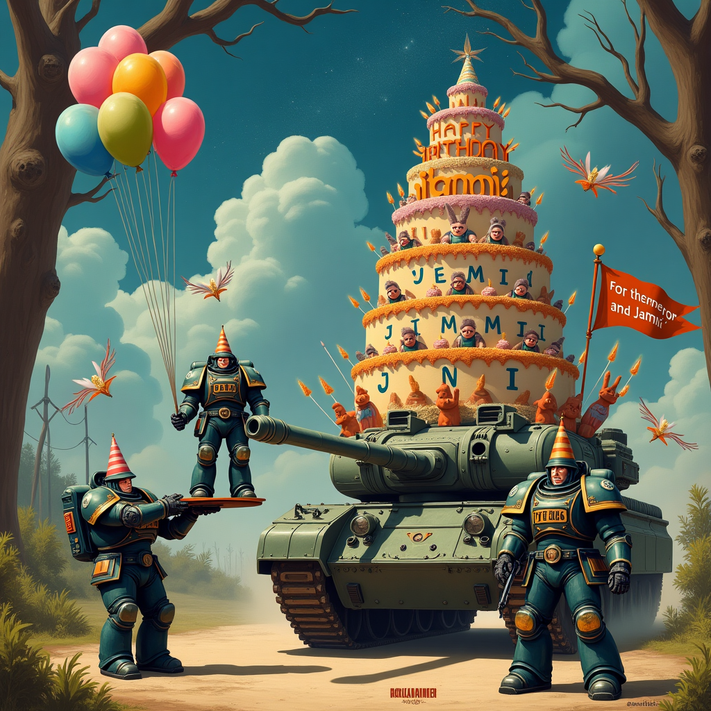 In the middle of a whimsical yet epic intergalactic battlefield, imagine a humorous and enchanting scene where Warhammer 40k Space Marines have taken a well-deserved break from the chaos to celebrate Jimmi's birthday. The foreground features three robust Space Marines clad in their iconic power armor, which has been comically accessorized with party hats and streamers. One Marine, with a cheeky grin on his faceplate, is balancing a tray holding a towering, multi-layered cake, complete with miniature edible Space Marine figures scaling its sides. The cake's icing spells out "Happy Birthday, Jimmi" in vibrant colors, and the candles blaze like tiny rocket thrusters.

To the left, a Marine is precariously juggling a set of brightly colored balloons that humorously resemble squiggling tentacles from an alien creature, and in the background, a robust tank transformed into a makeshift float rolls slowly by. This float is garlanded with bunting flags that flutter triumphantly, and these flags spell out "Jimmi" in bold, interstellar lettering.

The backdrop is a blend of the fantastical and the surreal, with towering, gnarled trees reminiscent of Maurice Sendak’s imaginative worlds, and clouds that twist and spiral into exaggerated shapes, subtly forming the letters of "Jimmi" across the sky. Floating among the clouds are cherubic miniatures of Beatrix Potter-like rabbits in tiny space suits, cheekily saluting as they glide on jetpacks.

To the right, amidst swirling constellations of glittering stars and cosmic dust, a Space Marine holding a Norman Rockwell-inspired banner decorated with meticulous Art Nouveau patterns by Aubrey Beardsley reads, “For the Emperor and Jimmi!” This scene is a playful interstellar parody, combining the grandeur of Warhammer 40k with the whimsy and charm of beloved illustrative styles, creating a birthday celebration truly out of this world for Jimmi.
Generated with these themes: Warhammer 40k space marines .
Made with ❤️ by AI.