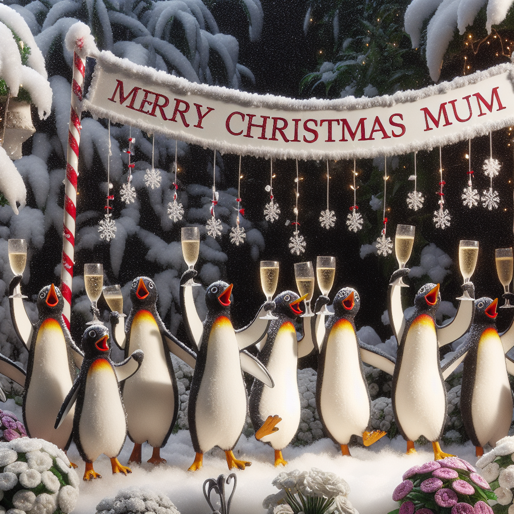 This playful Christmas illustration features a parade of penguins dancing in a conga line, weaving through a garden of snow-dusted flowers. Each penguin raises a glass of shimmering champagne in celebration. Above them, the message 'Merry Christmas Mum' is draped between candy-cane-striped poles, giving the scene a lively and loving atmosphere.
Generated with these themes: Penguins, Flowers, Champagne, and Dancing.
Made with ❤️ by AI.