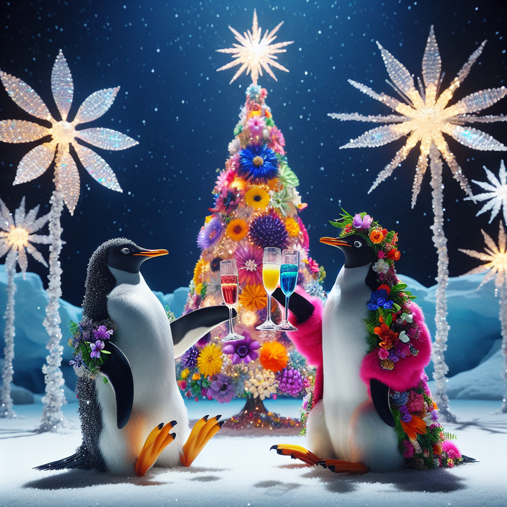 A humorous scene is set on Christmas with penguins in festive attire, cheerfully dancing around a Christmas tree made entirely of bright, exotic flowers. They clink glasses of champagne in a toast, surrounded by snowflakes that whimsically spell out 'Merry Christmas Mum', infusing the scene with both humor and affection.
Generated with these themes: Penguins, Flowers, Champagne, and Dancing.
Made with ❤️ by AI.