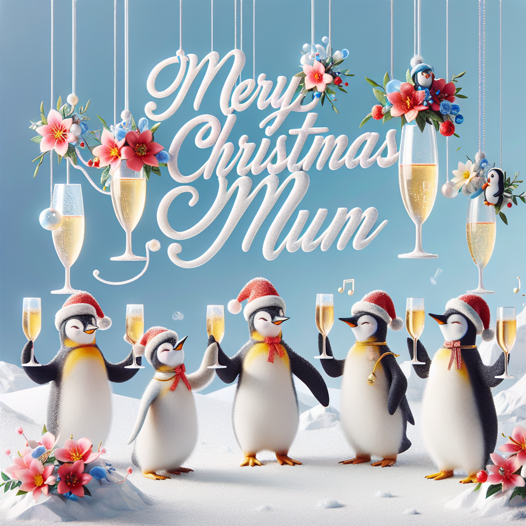 A delightful Christmas scene unfolds with a group of cheerful penguins, adorned with Santa hats, grooving to festive music. The setting is a winter wonderland with vibrant flowers contrasting the snow, while each bird holds a delicate glass flute of bubbling champagne. Overhead, the words 'Merry Christmas Mum' are elegantly scripted in icy hue, adding a warm personal touch.
Generated with these themes: Penguins, Flowers, Champagne, and Dancing.
Made with ❤️ by AI.