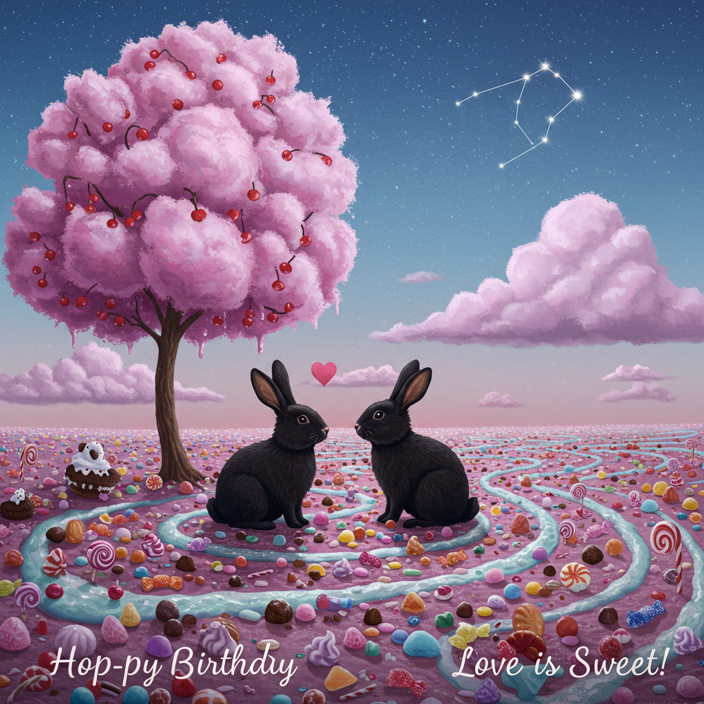 Cherry tree, Black rabbit with white nose, Black lop rabbit, Sweets, Heart, Ziggy stardust, and Birthday Card