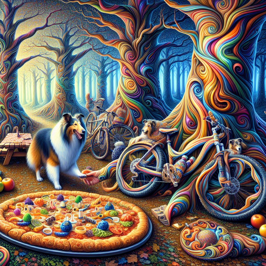 Depict a harmonious blend of ordinary and fantastical elements in an outdoor setting. The atmosphere is simultaneously expansive and snug. It's adorned with mountain bikes reclining against trees displaying translucent and shimmering qualities as if they were alive and swaying. A Collie dog, dressed in a myriad of swirling and vivid colors, prances around handing out slices of pizza to the guests. The pizza, besides serving as an edible territory, hosts a variety of ingredients that form intriguing, festive imageries on its surface. However, an enticing scent exudes from it, reassuring its delightful edible nature.
Generated with these themes: Mountain bikes, Collie dog, and Pizza.
Made with ❤️ by AI.