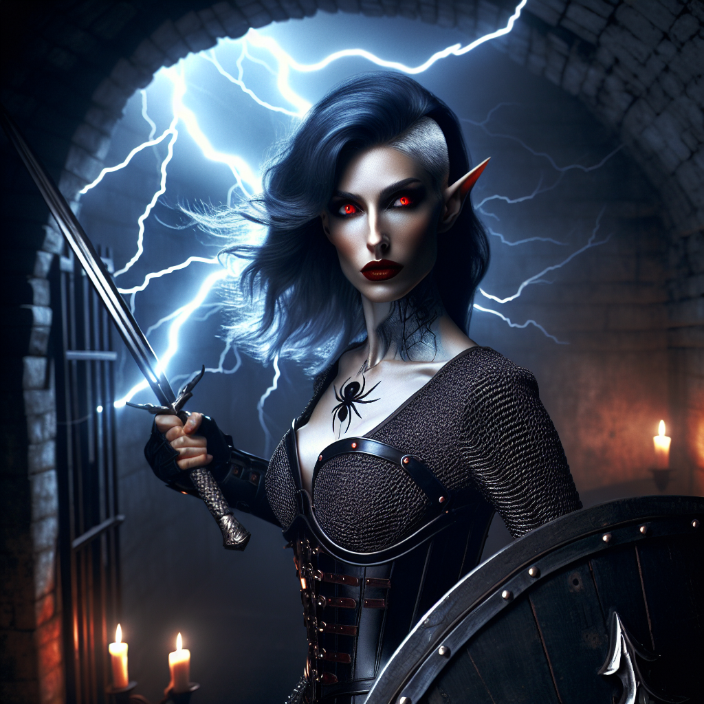 Picture a scene in a dungeon with a dark fantasy aura, the atmosphere sporadically lit by flashes from an external storm. Central to this image stands a noble dark elf woman, signified by her striking pale skin and undercut deep blue hair. She has a prominent spider tattoo on her neck, and is clad in a suit of dark chainmail armor, emphasising her status as a cleric warrior. Effortlessly, she wields a long sword in one hand, and holds a shield in the other, both indicative of her combat prowess. Her intense red eyes sweep across the room, creating an interesting blend of threat and festivity, mirroring the storm's dynamic intensity. This image epitomises a unique fusion of celebration within chaos.
Generated with these themes: Female dark elf, Pale skin, Dark blue hair with undercut, Spider neck tattoo, Cleric, Noble, Dark chain mail armour, Long sword, Shield, Dungeon, Red eyes, Dark fantasy, Lightning, and Tempest.
Made with ❤️ by AI.