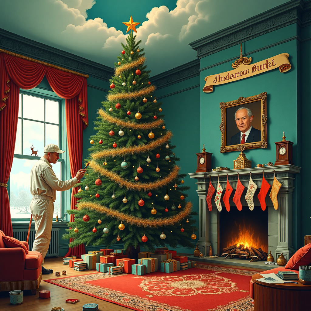In this whimsical and slightly absurd Christmas card scene, we find ourselves in a grand, elegantly decorated living room that exudes sophistication and holiday cheer, as if plucked from a Norman Rockwell painting and touched with a dash of Edward Gorey’s charm. The focal point of the room is an enormous, regal Christmas tree standing tall, its branches adorned with glittering baubles, twinkling lights, and tinsel that cascades down like shimmering icicles. To the left of the tree, an elderly gentleman dressed in classic painter and decorator attire—a white jumpsuit speckled with paint splatters, a painter's cap slightly askew, and a paintbrush in hand—stands on a small step ladder. In a humorous twist, instead of painting walls, he's meticulously decorating the tree itself with vivid strokes of vibrant paint, adding unexpected patterns and textures to the already dazzling ornaments.

At the foot of the tree, a plush Persian rug in rich reds and greens spreads across the floor, partially covered with tins of paint and brushes scattered about, as if the tree is his latest masterpiece. A grand, ornate fireplace to the right crackles warmly, with stockings hanging neatly, each one bearing intricate illustrations inspired by Beatrix Potter's enchanting tales. Above the mantelpiece, a framed portrait of Andrew Burke hangs with an elegantly inscribed banner that reads "Merry Christmas, Andrew Burke!" written in swirling, calligraphic gold letters.

The walls are papered in an intricate design reminiscent of Aubrey Beardsley's work, creating a backdrop of swirling patterns that draw the eye around the room. The ceiling, painted a deep cerulean blue, hosts a surprise element: fluffy white clouds shaped in such a way that they spell out "Andrew Burke" in a playful nod to the heavens. Scattered throughout the room are small details like an antique cuckoo clock with a tiny elf peeking out, stacks of books with titles penned by Maurice Sendak, and a window showing a snow-draped landscape in the style of Maxfield Parrish, capturing a fantastical world outside. Every corner of this room tells a story, inviting Andrew Burke and the viewer to immerse themselves in this uniquely charming holiday celebration.
Generated with these themes: Painter and decorator in a sophisticated Christmas scene.
Made with ❤️ by AI.