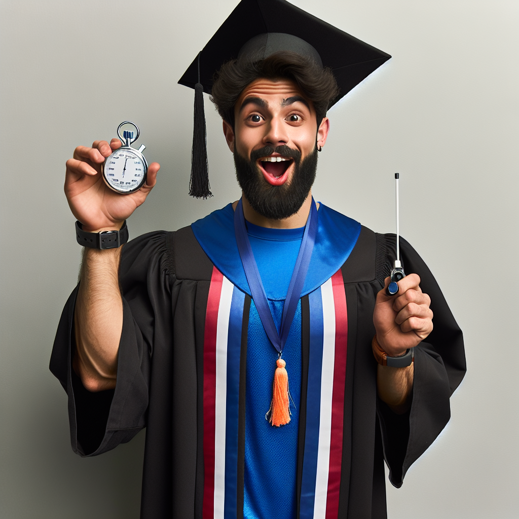 The image showcases an exuberant, young Middle-Eastern man with a beard, celebrating his recent graduation in Physical Education teaching. He strikes a humorous pose in his academic regalia consisting of a cap and gown, which is comically contrasted with sporty shorts and a blue T-shirt. In his hands, he proudly holds a stopwatch, reflecting his future in athletic training, while a whistle is held on his smiling lips, signaling his readiness to inspire and motivate his future students.
Generated with these themes: Young bearded man, graduating with a PE teaching degree wearing cap & gown with shorts & t shirt and carrying a stopwatch and a whistle.
Made with ❤️ by AI.