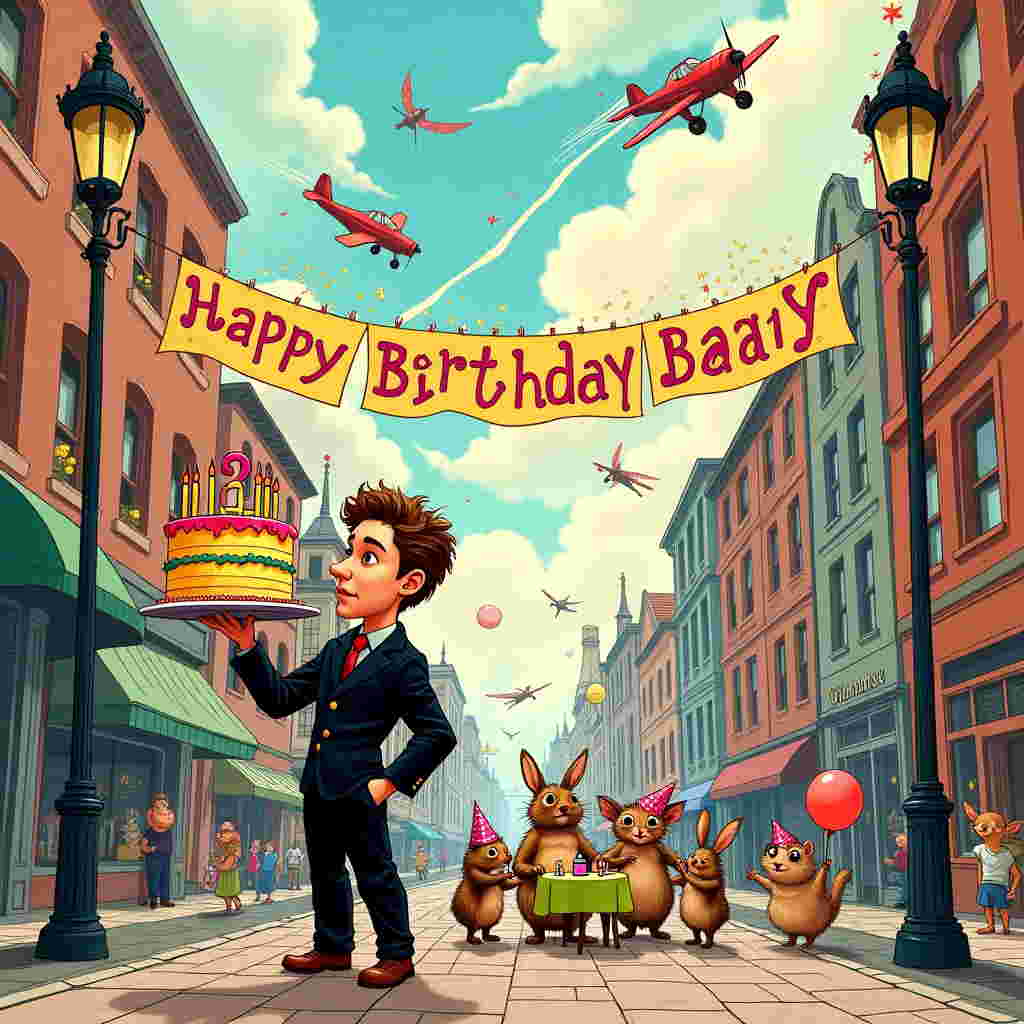 The greeting card front cover is a vibrant, bustling scene set in a whimsical, detailed world inspired by a fusion of Edward Gorey’s intricate line work and the lively, colorful energy of Quentin Blake. In the foreground, we see Theo James, the character from Divergent, depicted with exaggerated, comic features. He's dressed in his iconic black ensemble, slightly tattered in a humorous way, while holding a ridiculously large, multicolored birthday cake balanced precariously on his hand. The cake is adorned with neon-colored candles and sprinkles, adding a splash of absurdity.

Behind Theo, a group of tiny, cartoonish animals reminiscent of Beatrix Potter’s woodland creatures are gathered around a small table, each wearing miniature party hats. A rabbit with a monocle appears to be leading them in song, while a hedgehog, seemingly caught mid-jump, is trying to pop a balloon with its little paws.

In the background, the scene is set in an enchanting, slightly exaggerated urban landscape inspired by Maurice Sendak's playful yet detailed style. Tall buildings, twisted into peculiar shapes, loom over a cobblestone street bustling with whimsical vehicles and party-goers. A banner, strung between two lampposts, is boldly inscribed with the name “Serena” in vibrant, swirling letters that seem to be alive, twinkling with tiny star-like embellishments.

The sky is a surreal swirl of pastel hues reminiscent of Maxfield Parrish’s dreamlike color palettes, with fluffy clouds forming whimsical shapes. Among the clouds, tiny, vintage-style airplanes zoom by, trailing colorful ribbons and confetti behind them. One airplane carries a banner reading "Happy Birthday" in bold, playful lettering.

The entire scene is filled with movement and detail, capturing a lively celebration that blends the illustrative storytelling of Norman Rockwell with the imaginative, fantastical elements of Arthur Rackham’s and Gustave Doré’s worlds, all combined in a quirky and joyous celebration of Serena’s special day.
Generated with these themes: Divergent Theo james.
Made with ❤️ by AI.