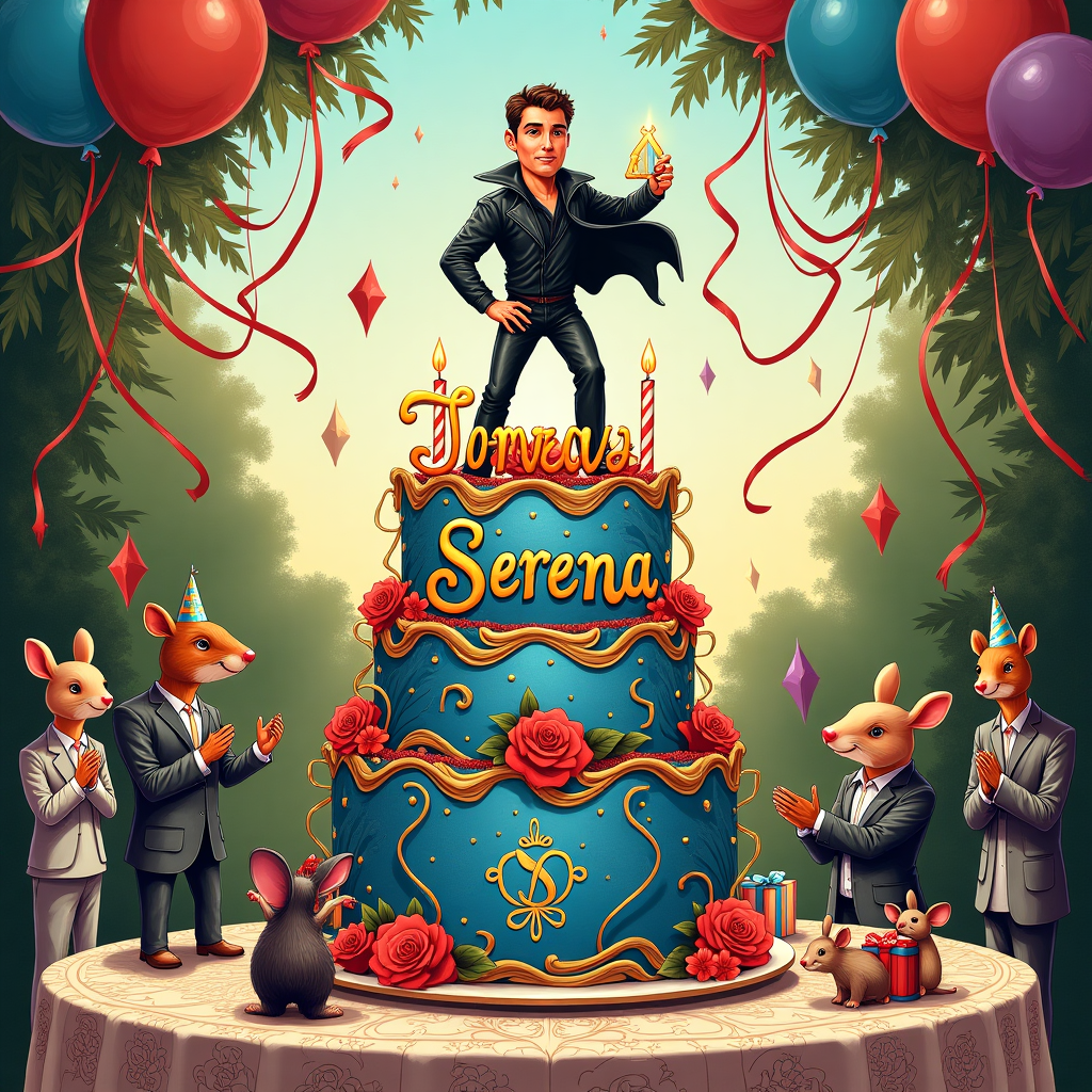 Front and center, an expressive, hand-drawn illustration depicts a bustling birthday party scene infused with a fantastical twist. 

### Main Scene:
- **Theo James as a Divergent Hero**: The central figure is a dynamic, detailed rendering of Theo James in his Divergent character. Clad in a sleek, leather-styled suit with a futuristic touch, he stands heroically atop a vibrant birthday cake. His stance is confident, and his gaze is directed playfully towards the viewer, creating a sense of action and intrigue. 

### Cake Details:
- **Birthday Cake**: The cake is a multi-tiered extravaganza of color and whimsy. It features swirling patterns reminiscent of Art Nouveau with intricate floral designs wrapping around each layer. The top tier prominently features the word "Serena" elegantly scripted in bold, flowing letters, with candles arranged in the shape of a faction symbol from Divergent. 
- **Color Palette**: The cake sports rich hues of royal blue, gold, and silver, adding a touch of grandeur.

### Background Elements:
- **Party Scene**: Surrounding the cake is a lively depiction of a party. Streamers and balloons, drawn with a sense of movement, fill the space. They are depicted in a mixture of vibrant red, green, and purple hues, adding layers of festivity.
- **Guests**: Small characters inspired by Beatrix Potter's anthropomorphic animals intermingle, dressed in party hats and tiny suits, joyfully clapping or holding gifts. These creatures, such as rabbits, hedgehogs, and mice, add a touch of whimsical detail.
- **Table**: The cake rests on an intricately carved wooden table, with a lace tablecloth delicately sketched in the style of Arthur Rackham, emphasizing fine, elegant detail.

### Setting:
- **Background**: The backdrop of the scene features a lush garden environment inspired by Maxfield Parrish's landscapes. Lush greenery with soft washes of color surrounds the area, while a sky of twilight blues and gentle pinks captures the evening ambiance. 
- **Sky**: A banner with the words "Happy Birthday" is strung between two beautifully detailed trees, fluttering in the gentle breeze.

This scene, rich in detail and color, captures a playful yet heroic celebration, combining elements of fantasy and festivity in a unique birthday greeting card cover.
Generated with these themes: Divergent Theo james.
Made with ❤️ by AI.