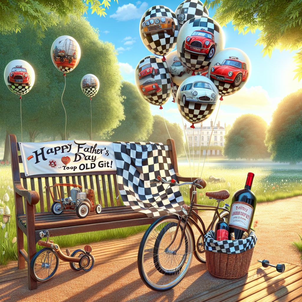 Create an illustration of a tranquil park under the bright sun. In the scene, an unoccupied wooden bench is draped with a banner showcasing the humorous words, 'Happy Father's Day to Our Top Old Git!' Nearby, a whimsical-looking bicycle leans against the bench. The bicycle's basket is carrying a bottle of red wine, which is wrapped in a checkerboard-patterned flag signifying a passion for both cycling and rally car racing. Above all these, several floating balloons adorned with playful car cartoons add a joyful element to the scene.
Generated with these themes: Cycling, Rally car racing, Old git, and Red wine.
Made with ❤️ by AI.