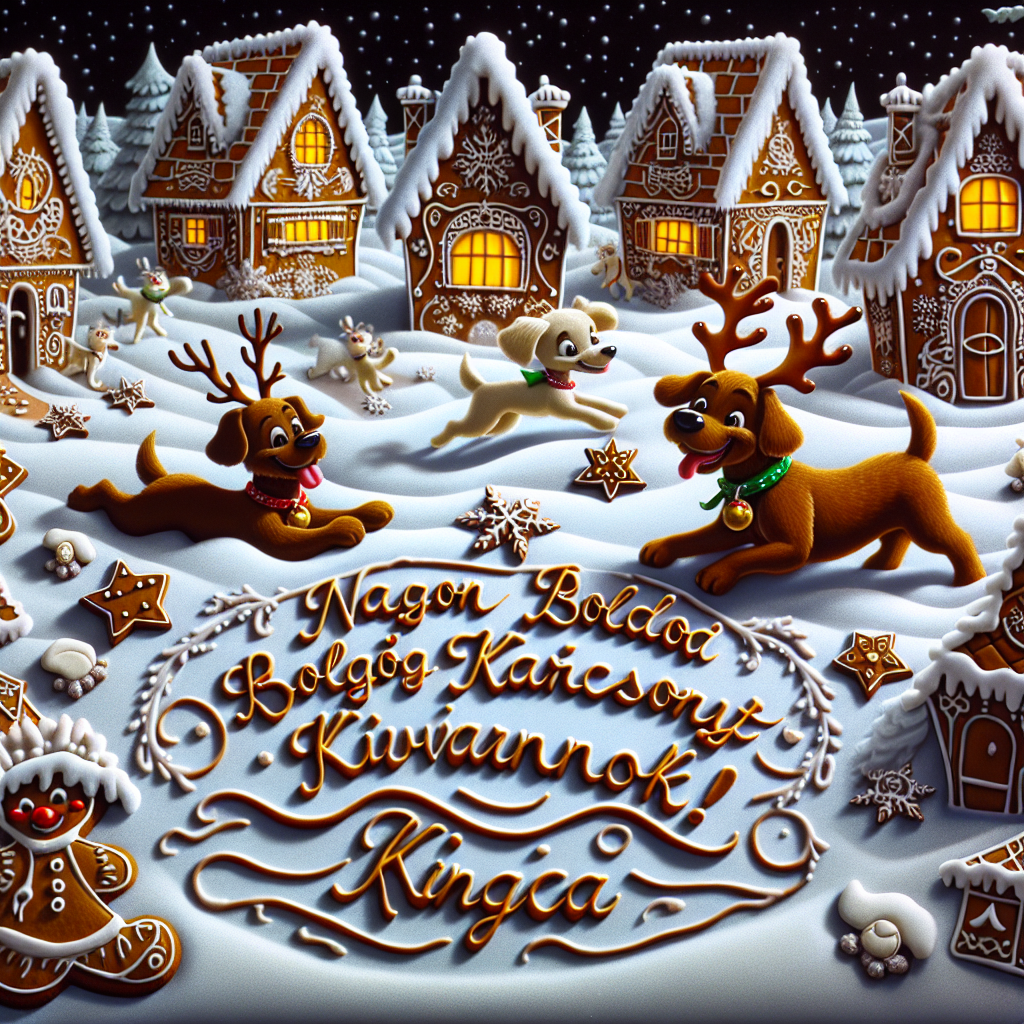 A snowy cartoon village serves as the backdrop, where dogs with reindeer antlers frolic among mushroom-shaped gingerbread houses. The festive spirit is enhanced by the warm message 'Nagyon boldog karácsonyt kívánok! Kinga' etched in the snow below the enchanting tableau.
Generated with these themes: Dogs, and Mushrooms .
Made with ❤️ by AI.