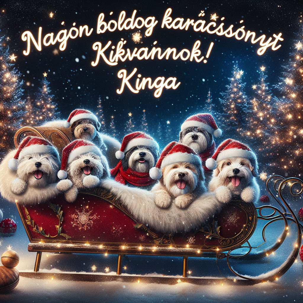 This cozy cartoon Christmas scene shows a pack of joyful dogs wearing fluffy Santa beards, sitting in a sled shaped like a mushroom. The night sky sparkles with stars as the dogs 'woof' along to the tune of Christmas carols, all under the illuminated text 'Nagyon boldog karácsonyt kívánok! Kinga' displayed in the sky.
Generated with these themes: Dogs, and Mushrooms .
Made with ❤️ by AI.