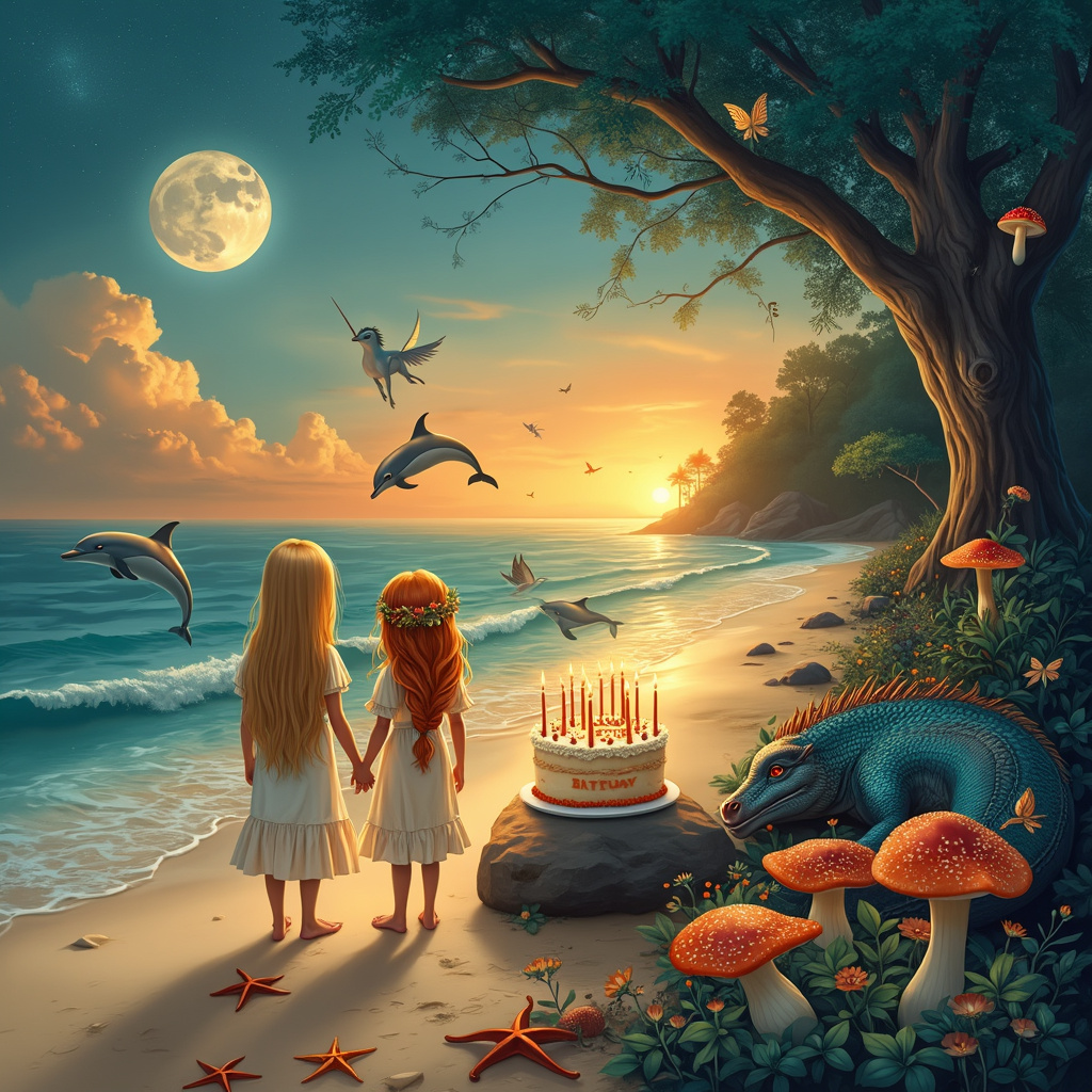 Underneath a sky painted with the soft hues of a setting sun, the tranquil beach glows in shades of orange and teal blue. The sun, just kissing the horizon, casts long shadows that stretch across the sand. Above, the moon is already visible, a ghostly silver orb against the fading daylight. A pod of dolphins leaps joyfully through the surf, their sleek bodies shimmering as they arc through the water. 

In the foreground, two sisters stand hand in hand. One has long, straight blonde hair that flows like spun gold, while the other has ginger hair intricately braided into a crown. Both are dressed in flowing, fairy-like dresses. They stand beside a birthday cake adorned with 13 candles. The cake is decorated with edible stars and sits atop a large, flat rock, with the words "Lizzie 13 Today" written in frosting.

At their feet, the sandy shore is dotted with vibrant starfish and delicate mushrooms that seem almost out of place yet perfectly magical. The mushrooms vary in size, some small and quaint, others tall and ornate, with their caps glistening with tiny, twinkling lights.

To the right of the sisters, a dragon, with scales that reflect the colors of the sea and sky, rests gracefully on the edge of a dense, mystical forest. The trees are lush and towering, their leaves a deep green that transitions to teal blue as they catch the light. Nestled within the foliage, mythical creatures peek out: a unicorn with a shimmering mane, a griffin with piercing eyes, and small, fluttering fairies whose wings sparkle like the twinkles in the mushrooms.

Above the scene, written in wispy clouds and twinkling stars, is the name "Lizzie 13 Today," making it look like the sky itself is celebrating. The beach, the sea, the sunset, the mythical forest, and the magical creatures all blend seamlessly into one enchanting scene that tells the story of a special birthday by the ocean's edge.
Generated with these themes: Beach, Sea, Sunset, Dolphin, Starfish, Birthday cake 13 candles, Dragon, Forest, Twinkles, Mythical creatures, Moon, Teal blue, Sisters - one with blonde straight hair, one with ginger braided hair, and Mushrooms.
Made with ❤️ by AI.