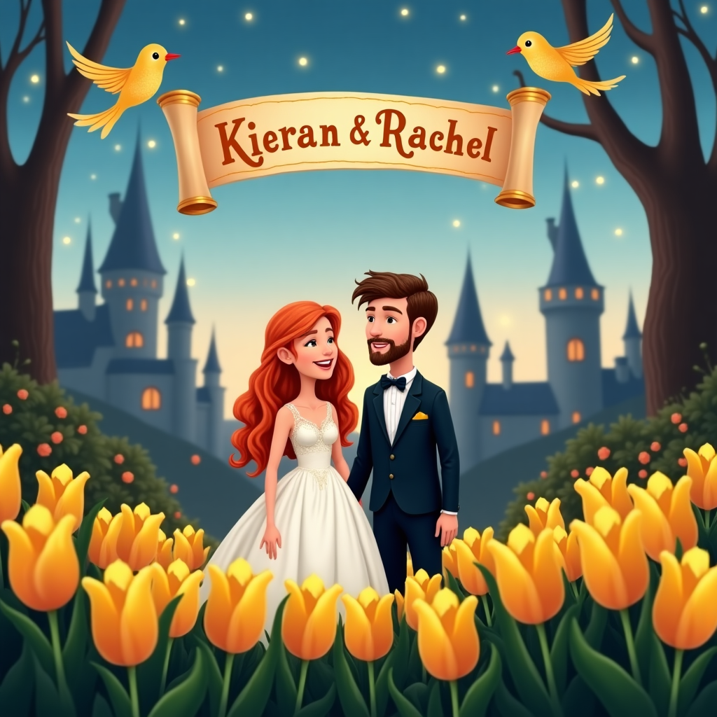 The scene is a whimsical wedding tableau set in a lush, cartoonish garden reminiscent of a magical world. The sky is a soft gradient of twilight blues and purples, dotted with twinkling stars that hint at a magical atmosphere.

**Foreground Elements:**

1. **Bride and Groom:**  
   - **Bride:** Rachel, with cascading long ginger hair, wears a simple yet elegant white dress with delicate lace trim. Her hair flows with an exaggerated curl, reminiscent of a mermaid’s locks.
   - **Groom:** Kieran, with short, wavy brown hair and a neatly trimmed beard, wears a classic black tuxedo with a twist—a quirky bow tie that looks like it could be from a magical world.

2. **Yellow Tulips:**  
   - A lush border of oversized yellow tulips, each with petals slightly exaggerated in size, creating a whimsical edge around the couple. The tulips are vibrant, with a few deep green leaves peeking through.

**Midground Elements:**

1. **Floating Banner:**  
   - Suspended by two tiny, enchanted golden snitches flitting mid-air, the banner reads “Kieran & Rachel” in a swirling, magical font. The banner has a scroll-like appearance, with golden edges that glimmer as if sprinkled with pixie dust.

2. **Harry Potter Elements:**  
   - A miniature version of Hogwarts, nestled in the background with towers and turrets peeking over the tulips, as if inviting the couple to a world of enchantment. 
   - A small Nimbus 2000 broomstick leaning casually against the tulip border.

**Background Elements:**

1. **Castle Silhouette:**  
   - The silhouette of a mystical castle in the distance, bathed in a gentle glow, its outlines soft yet defined against the twilight sky.

2. **Golden Snitches:**  
   - Apart from the banner-bearers, several more tiny golden snitches hover around, adding a sense of movement and magic, with trails of sparkling golden dust in their wake.

3. **Pixie Dust Trail:**  
   - A subtle pixie dust trail weaves through the scene, its golden sparkles adding a touch of enchantment and whimsy.

This vibrant and whimsical scene captures the essence of magic and celebration, with a touch of the fantastical worlds from beloved stories.
Generated with these themes: Harry Potter, Yellow Tulips, Groom brown hair and beard, and Bride long ginger hair.
Made with ❤️ by AI.