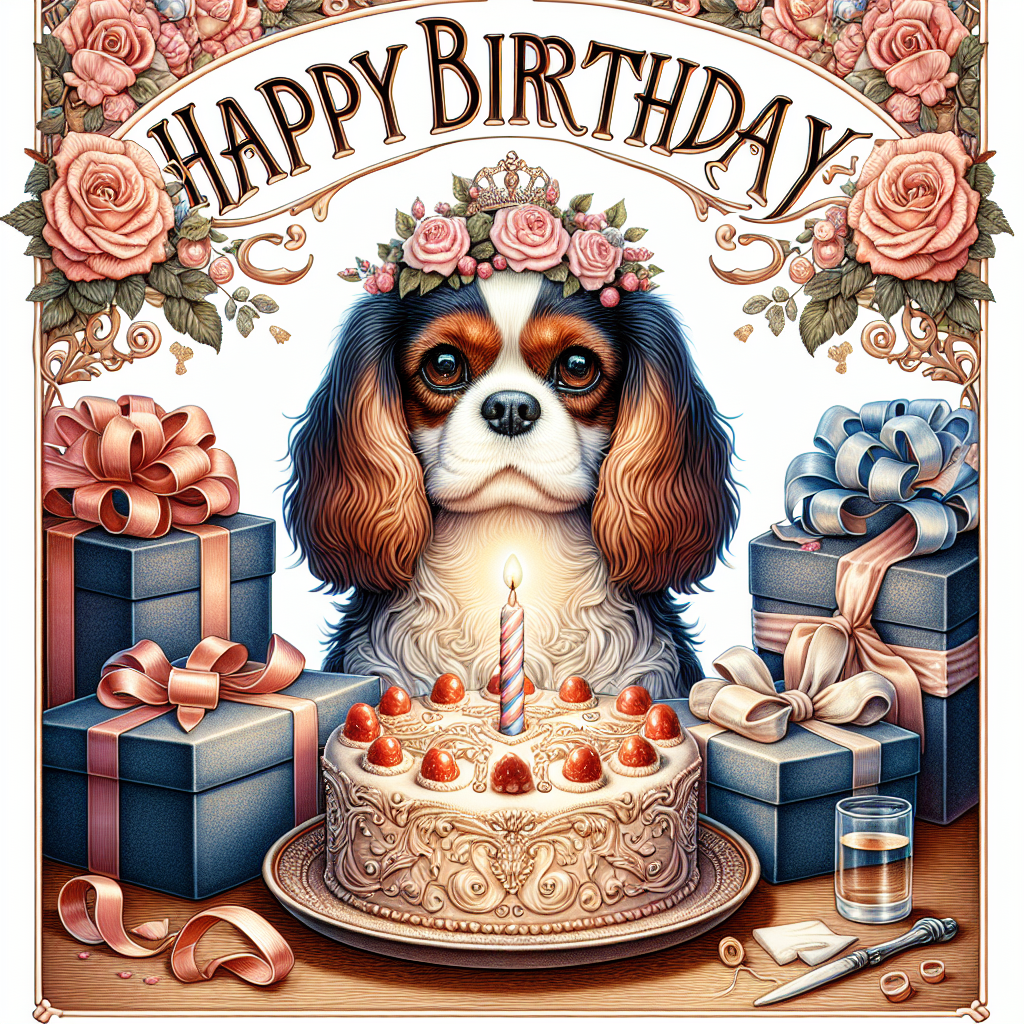 An adorable illustration showcases a Cavalier King Charles Spaniel sitting amidst a pile of gifts. Its eyes are wide with excitement, and a birthday cake topped with a single, lit candle sits in front of it. Above the charming scene, 'Happy Birthday' is scripted in elegant, cursive font.
Generated with these themes: Cavalier King Charles Spaniel  .
Made with ❤️ by AI.