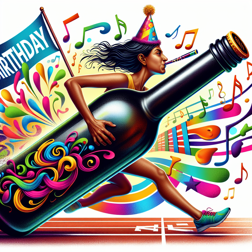 Create a vibrant scene showing a South Asian female runner in mid-stride. She has a party blower in her mouth and a birthday hat tilting on her head, firmly holding a bottle that is shaped like a relay baton. This bottle is filled with a dark mysterious liquid. Musical notes and clefs in various bright colors surround her, adding a festive touch to the scene. In front of her, there's a finish line banner bearing the words 'Happy Birthday', suggesting a unique race filled with joy and music.
Generated with these themes: Buckfast, Music, and Running.
Made with ❤️ by AI.