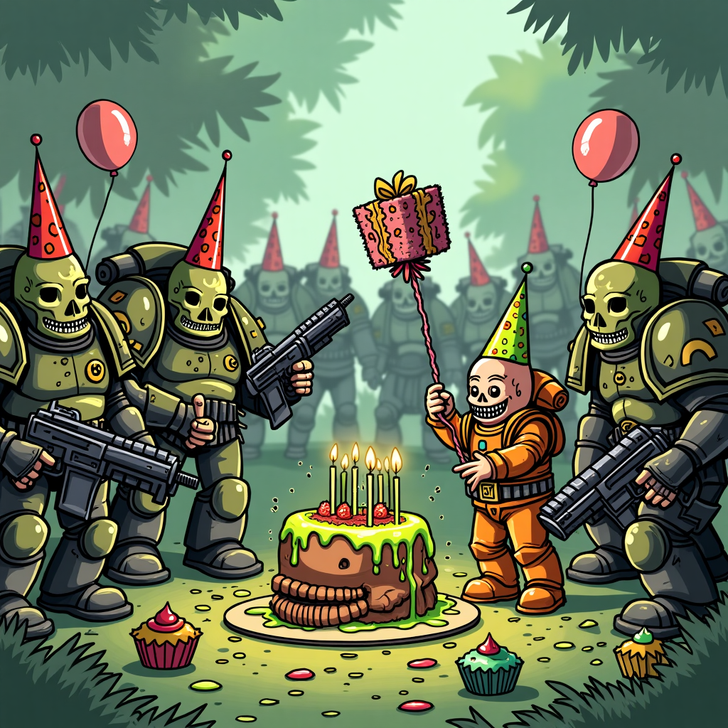 At the top of the illustration image:  
**"Happy Bloat-day, George! May your gifts fester with joy!"**

**Image Prompt:**  
A cartoon-style Warhammer Plague Marine squad is throwing a chaotic birthday party in a Nurgle-infested garden. The marines, hilariously grotesque, are wearing colorful party hats over their decaying armor and wielding balloon-covered boltguns. One Plague Marine awkwardly presents George (a cheerful little stick figure in a hazmat suit) with a "gift" oozing mysterious green goo, wrapped with intestines instead of ribbon. In the background, a cake shaped like a plague-ridden skull is exploding with candles, while Nurglings (tiny mischievous daemon imps) dance in a conga line carrying cupcakes topped with pustules. The entire scene oozes birthday glee — and actual slime.
Generated with these themes: Warhammer plague marines.
Made with ❤️ by AI.