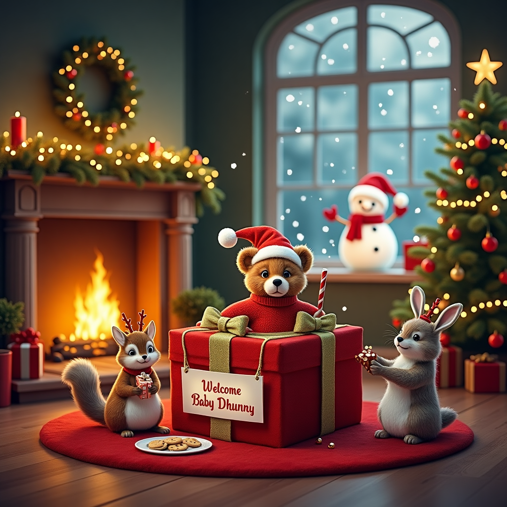 The scene is set in a cozy living room, decked out for Christmas, with twinkling fairy lights strung across the mantle and a beautifully decorated Christmas tree in the corner, complete with shimmering ornaments and a shining star on top. A roaring fireplace crackles warmly, casting a golden glow throughout the room. On a plush, red velvet rug in the center of the room, a playful gathering of cheerful woodland animals in festive attire is celebrating the arrival of Baby Dhunny. There's a squirrel in a Santa hat nibbling on a candy cane, a raccoon wearing reindeer antlers holding a gift, and a rabbit with a jingle bell collar juggling baubles. The central focus of the scene is an oversized, intricately wrapped gift box with a huge, sparkling bow. The box is open, and inside, a teddy bear in a Christmas sweater sits, holding a tiny, personalized banner that reads "Welcome Baby Dhunny" in festive, glittery letters. Snow gently falls outside the window, and on the windowsill, a plate of cookies and a glass of milk are left for Santa. To complete the Christmas ambiance, a cheerful snowman peeks in from the frosted window, wearing a scarf and waving merrily. This whimsical and joyful scene perfectly marries the themes of new beginnings and festive cheer.
Generated with these themes: Christmas .
Made with ❤️ by AI.