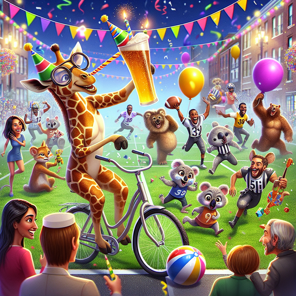 Imagine a cartoon-style birthday extravaganza bubbling with joyfulness. A charming giraffe is seen wearing a helmet that looks like a party horn, skillfully pedaling a bicycle along a street adorned with colorful garlands, while balancing a root beer in a festive manner. On a wide clearing, a fun game of American football is taking place with teams of lively animated koalas and squirrels pursuing a candy-striped ball. A group of diverse characters, including a South Asian woman, a Middle-Eastern man, a Hispanic woman, a Caucasian man, and a Black woman, participate in a lively trivia contest with the theme revolving around the birthday person's cherished memories. All participants are surrounded by a shower of bright streamers and shimmering lights.
Generated with these themes: Cycling, Beer, American football, and Quizzes.
Made with ❤️ by AI.