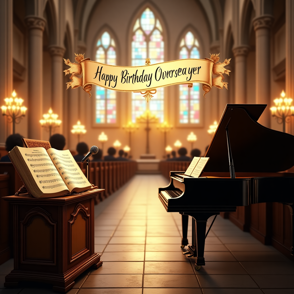 The front cover of the greeting card is set within the serene interior of a grand, historic church, its architecture featuring soaring vaulted ceilings and intricate stained-glass windows that cast colorful patterns across the stone floor. In the foreground, a beautiful grand piano stands to the right, its polished black surface gleaming under the soft glow of flickering candlelight from ornate candelabras positioned strategically along the pews. On top of the piano, there is an open Bible with golden-edged pages, catching the light as if illuminated from within. A subtle breeze ruffles the pages, hinting at divine inspiration. Beside the piano, an ornate lectern crafted from dark mahogany holds a collection of sheet music titled "Divine Harmonies" next to a vintage microphone, symbolizing the power of music and preaching combined. Above the lectern, suspended in mid-air as if floating on angelic wings, a delicate banner made of translucent fabric reads "Happy Birthday Overseer Pastor N. Ndlovu" in elegant script, as though it were a message carried by a gentle breeze. In the background, the congregation is seated in silent reverence, their silhouettes just visible beneath the vibrant glow of sunlight streaming through the windows, creating a sense of community and shared celebration.
Generated with these themes: Church, Bible, Music, and Preaching.
Made with ❤️ by AI.