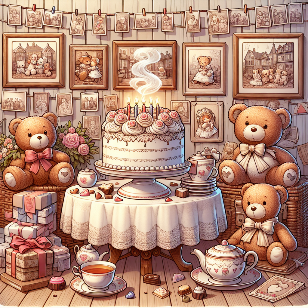 Create a charming nostalgia-infused cartoon commemorating an anniversary. Depict a cozy room filled with history, its walls adorned with vintage photos representing trails of past celebrations. Have a quaint tea set in the room's center, with steam soaring from the delicate porcelain illustrating the freshness of the tea. A delectable cake with pristine icing should lie close, surrounded by an assortment of teddy bears adorned with ribbons, each bear clutching a heart-shaped chocolate. These bears should represent symbols of love and care.
Generated with these themes: History, Tea, Cake, Teddy Bears, and Chocolate.
Made with ❤️ by AI.