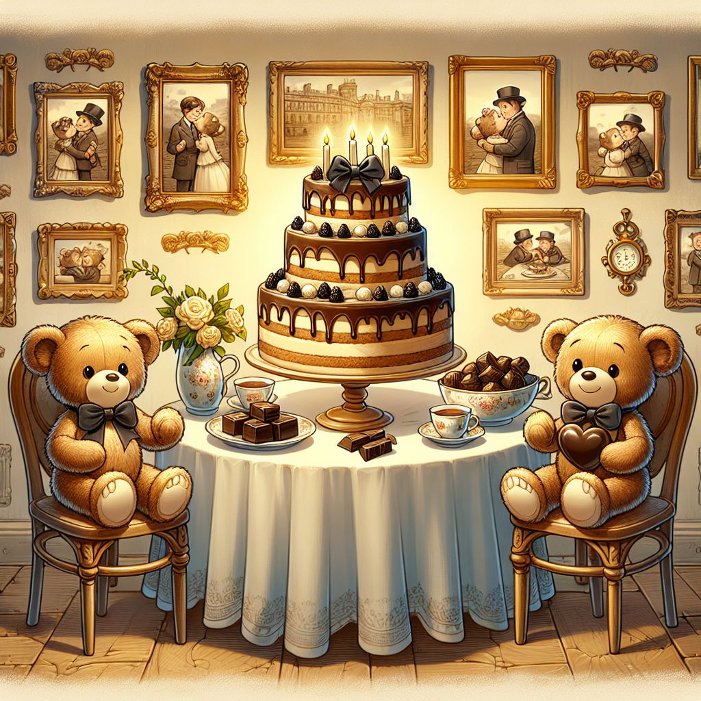 Generate an image of a charming cartoon scene of an anniversary celebration. The background features a historic setting with vintage picture frames displaying moments of timeless joy and love. A finely set table hosts an elegant tea service, where the main attraction is a rich, multi-layered cake, promising a taste of sweet delight. Around this table are adorable teddy bears, each adorned with a bow and holding a piece of dark chocolate. Their presence seems to radiate warmth and comfort. The theme of love and happiness is subtle yet constant throughout the scene, contributing to the festive sentiment.
Generated with these themes: History, Tea, Cake, Teddy Bears, and Chocolate.
Made with ❤️ by AI.