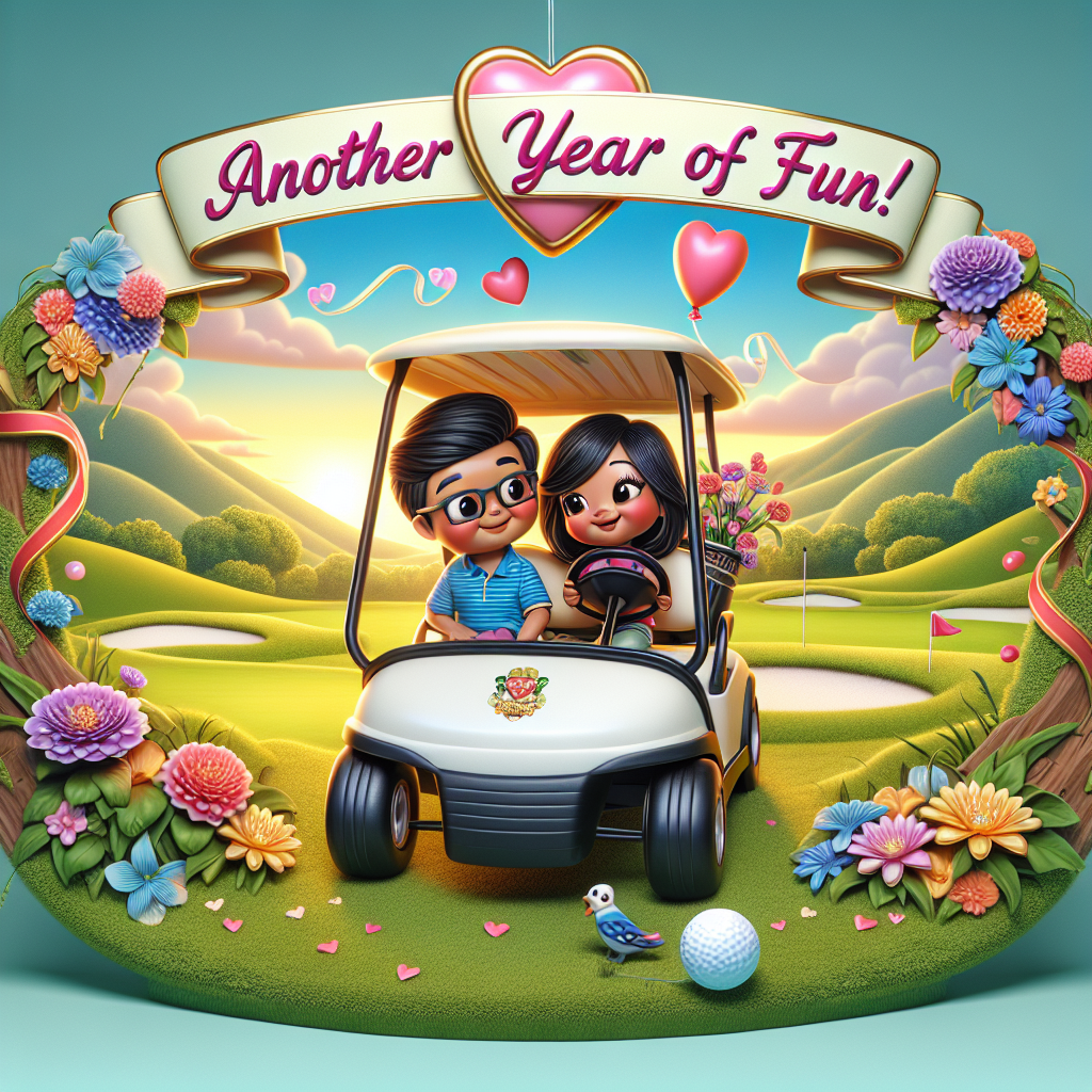 Depict a charming anniversary scene where a golf buggy, adorned with vibrant flowers and ribbons, is the main focus. The backdrop contains an animated representation of a tranquil golf course with rolling hills and a sky painted with the purest shade of blue. Inside the buggy, two lovable cartoon characters of mixed races, one being Asian female and the other being a black male, are cozying up to each other, sharing smiles and laughter. A heart-shaped balloon, tied to the buggy's rearview mirror, moves gently in the wind, and the phrase 'Another Year of Fun!' is displayed across the top in lively fonts.
Generated with these themes: golf buggy.
Made with ❤️ by AI.