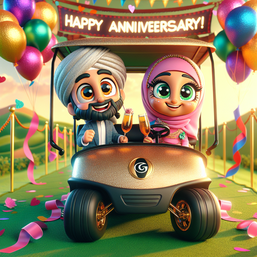 Generate an image of a delightful cartoon scene under the warm glow of a sunny day. The central element is a playful golf cart, lavishly decorated with ribbons and balloons in a rainbow of colors. Inside the cart, two captivating cartoon characters with big, curious eyes are seated. A male Middle-Eastern character and a female South Asian character, both beaming, raise their glasses in a hearty cheers to celebrate yet another year of companionship. The golf cart is stationed on a thick carpet of vibrant greens, signifying a mutual affection for golf. An overhead banner proclaims 'Happy Anniversary!' in a festive mood.
Generated with these themes: golf buggy.
Made with ❤️ by AI.