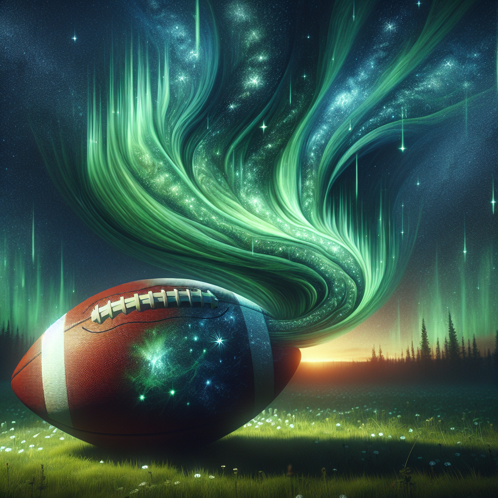 Imagine a mesmerizing, abstract scenery portrayed under a sky filled with twinkling stars. Upon this beautiful skyscape, the Northern Lights cascade like a divine ribbon, extending over a peaceful meadow. Commanding attention in the foreground is a dramatically large football, embellished with star-like patterns that reflect the celestial wonders above. The football projects a soothing, green-hued shadow, absorbing the unearthly luminosity from the Northern Lights. This subtly hints towards the tranquil yet resolute support provided by a father figure.
Generated with these themes: Football, and Northern lights.
Made with ❤️ by AI.