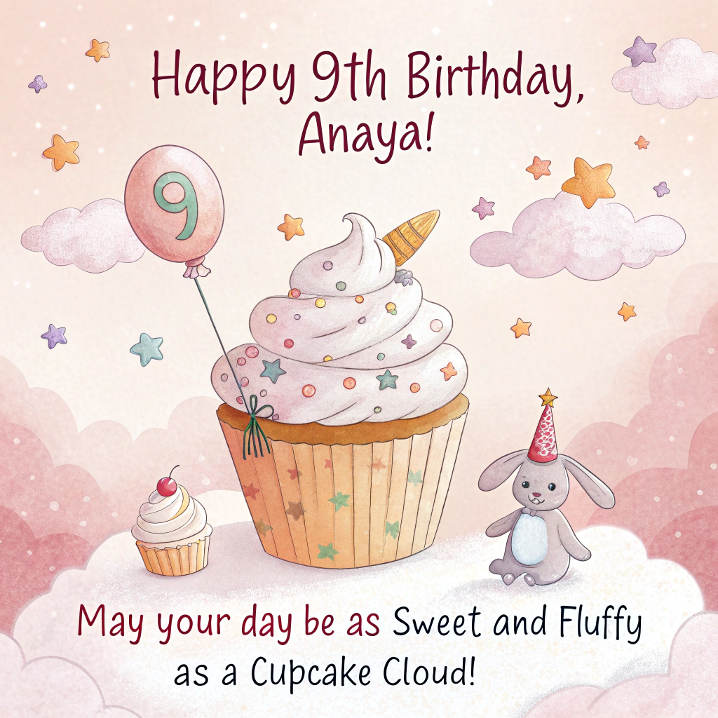 At the top of the image, "Happy 9th Birthday, Anaya!"

At the bottom of the image, "May your day be as sweet and fluffy as a cupcake cloud!"

- In the center of the image, create an illustration of a dreamy, whimsical scene featuring a giant cupcake with pastel-colored frosting and sprinkles. On top of the cupcake, a tiny, adorable bunny wearing a party hat is holding a balloon shaped like the number 9, surrounded by floating, smiling cloud friends. The scene should be filled with a warm and inviting color palette, with soft pinks, blues, and yellows.
Generated with these themes: Cute things, and .
Made with ❤️ by AI.