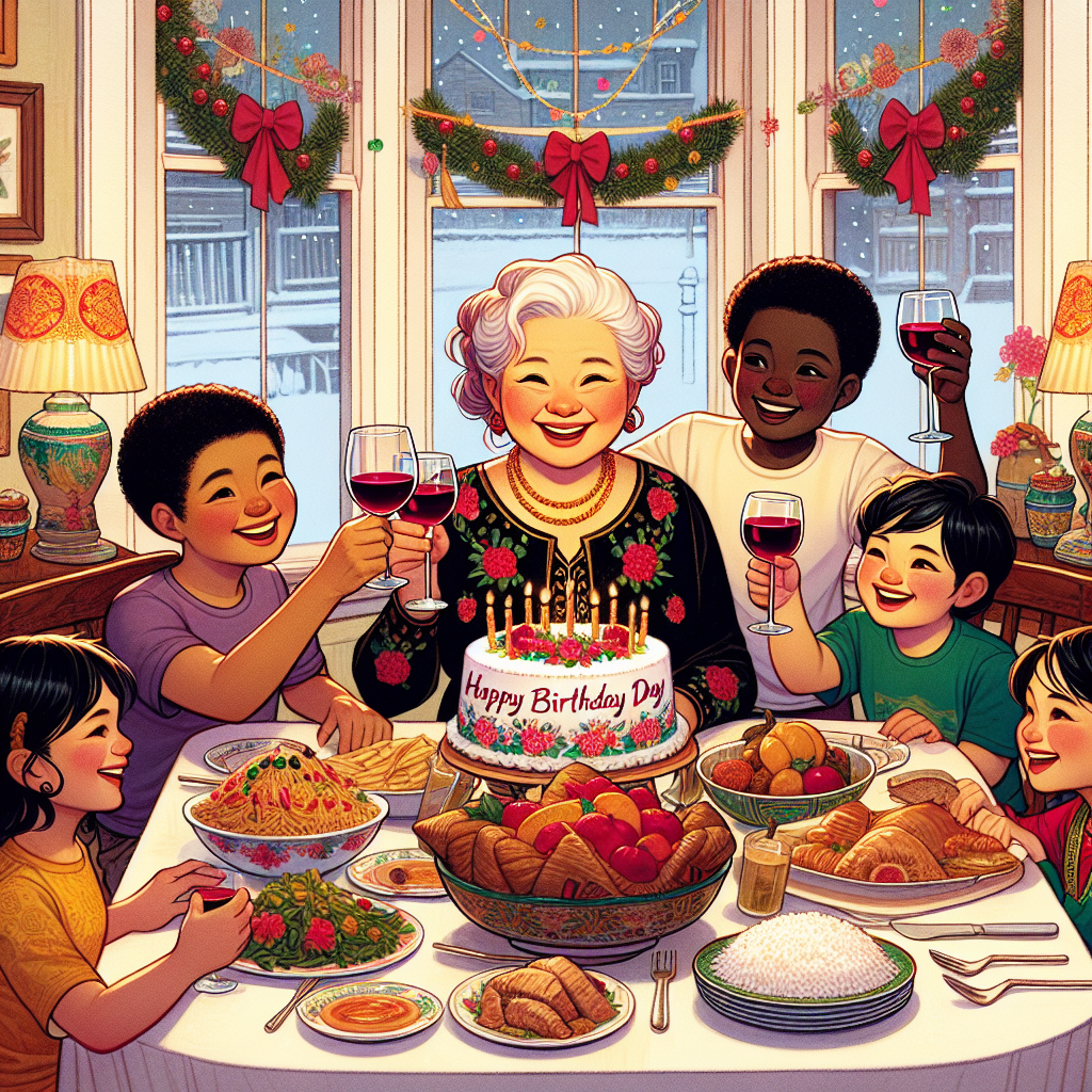 An endearing illustration of a birthday celebration sets the scene in a snug dining room embellished with festive decorations. In the center of the room, a delighted Caucasian wife is flanked by her three merry children of varying descents: one Hispanic, one Middle-Eastern, and one Black, all raising glasses of red wine in a toast to honor her day. The dining table is richly laden with a smorgasbord of Asian dishes, indicating their affection for this type of cuisine. The room radiates warmth, familial affection, and a fusion of birthday and holiday festivities into a single joyful snapshot.
Generated with these themes: Red wine , Wife , Three children , Holidays , and Asian food .
Made with ❤️ by AI.