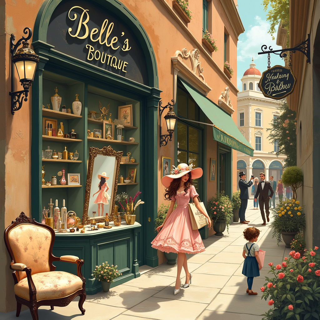 In a bustling, whimsical street, we find a charming boutique alleyway filled with delightful details inspired by a mix of Rockwell's nostalgia, Beardsley's elegance, and Sendak's whimsy. The main focus is a chic, vintage-style storefront adorned with ornate, wrought-iron signage that reads "Belle’s Boutique Bliss."

In the center of the scene, a fashionable young woman, reminiscent of a Beatrix Potter character with a modern twist, stands with shopping bags spilling over with pastel-colored tissue paper. She wears a designer dress inspired by Maxfield Parrish's rich, jewel-toned hues and has a lovely hat topped with flowers, giving a nod to Rackham's ethereal touches.

Inside the boutique, visible through the large, arched windows, are shelves lined with elegant designer makeup products—lipsticks in gold tubes, vintage powder compacts with intricate designs, and perfume bottles that look like they came from a Gustave Doré illustration. A plush velvet armchair with Edward Gorey-esque patterns sits invitingly by a full-length mirror framed in art nouveau style, a nod to Beardsley's influence.

To the left, a dapper shopkeeper with a Quentin Blake-esque animated style assists a cheerful customer at a counter laden with beauty products. N.C. Wyeth-inspired posters of classic fashion illustrations adorn the walls, adding a sense of timeless elegance.

In the foreground, a little girl, echoing Maurice Sendak’s whimsical children, gazes in awe at a display of twinkling jewelry set on a lace-covered table. The background reveals the street continuing with other boutiques, their signs in cursive and adorned with delicate flowers, leading the eye further into this quaint, fashionable world.

Every element is packed with detail—from the intricate patterns on the shopping bags to the glistening reflections in the perfume bottles, each aspect tells a story of elegance, beauty, and timeless fashion, making it the perfect birthday greeting card cover.
Generated with these themes: Make up , Designer labels, Shopping, and Beauty.
Made with ❤️ by AI.
