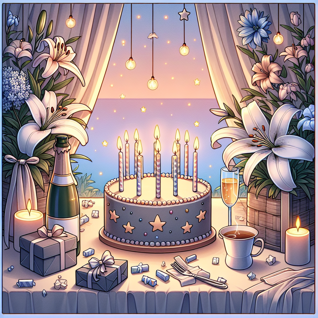 Create a serene cartoon depiction of a birthday scenario. The focal point should be a birthday cake with star accents, sitting amidst a calm environment, its lit candles emitting a soft warm light. Lilies should be present, mingling with flowers of cool tones, hinting at tranquility and beauty. A collection of neatly arranged presents should signify thoughtfulness over extravagance. To one side of the scene, a bottle of champagne should hint at muted celebration, while on the other, a steaming cup of tea should evoke feelings of soothing satisfaction.
Generated with these themes: Birthday, Cake, Stars, Flowers , Lily, Cool, Presents , Champage, and Tea.
Made with ❤️ by AI.