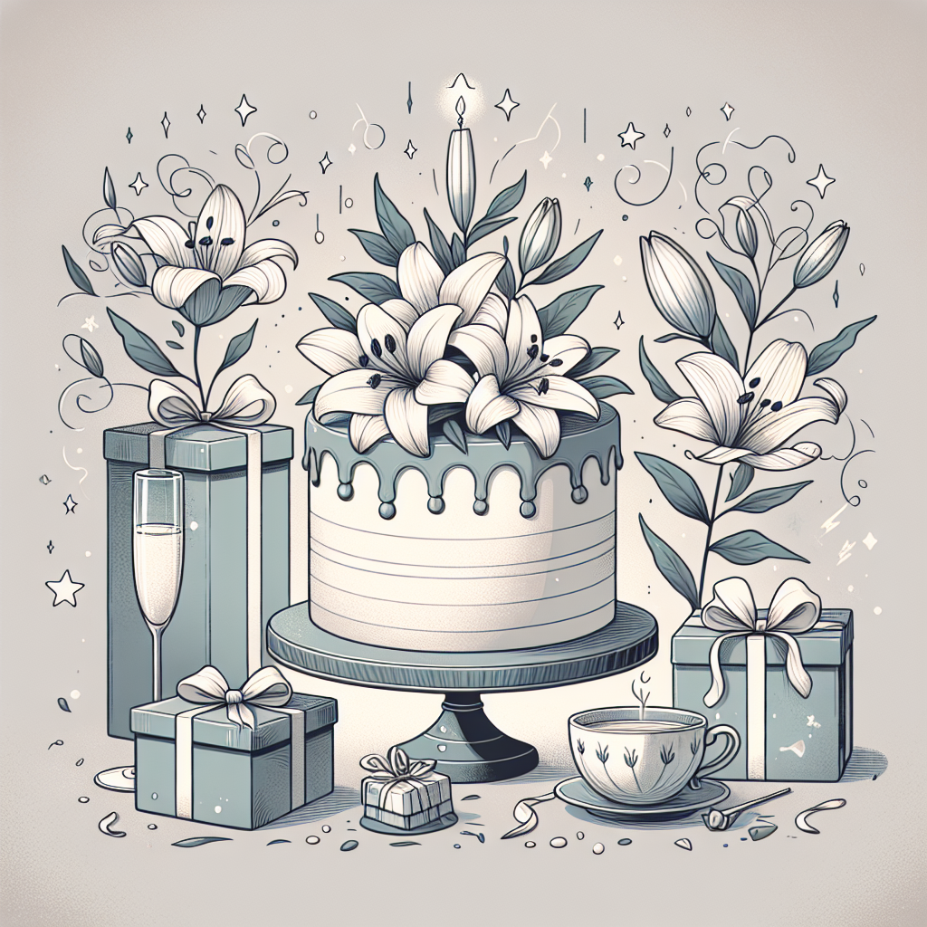 Craft an image with a solemn cartoon birthday scene. At the heart of the image, place a subdued, elegantly drawn birthday cake. This cake should be adorned with twinkling stars and graceful lilies, adding a touch of elegance. Surrounding the cake, have cool-toned presents that sit quietly, wrapped in tasteful, minimalist designs. In the backdrop, incorporate delicate flowers swaying gently, softening the overall atmosphere. Insert a flute of champagne as a symbol of celebration contrasting with a nearby cup of tea, for a comforting warm element.
Generated with these themes: Birthday, Cake, Stars, Flowers , Lily, Cool, Presents , Champage, and Tea.
Made with ❤️ by AI.
