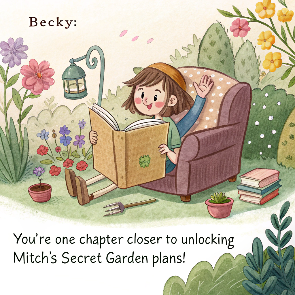 At the top of the image, "Becky:"

At the bottom of the image, "You're one chapter closer to unlocking Mitch's 'Secret Garden' plans!" 

- Illustrate a whimsical watercolor scene of Becky lounging in a cozy nook filled with books, surrounded by blooming flowers and garden tools, with a mischievous Mitch peeking from behind a giant gardening book, looking conspiratorial.
Generated with these themes: Books, gardening and being home, and her husband Mitch, and .
Made with ❤️ by AI.