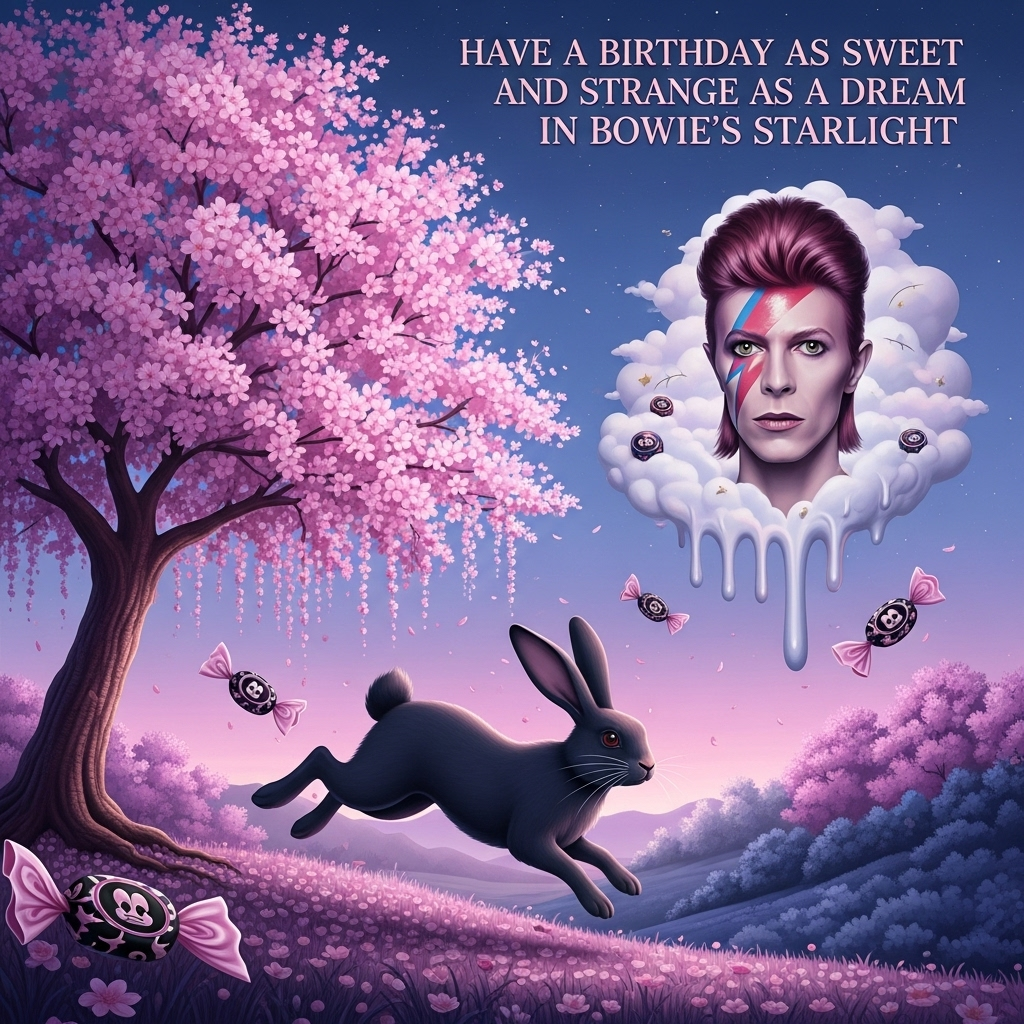 Black rabbit with white nose, Cherry tree, David Bowie , Sweeties, Gothic , and Birthday Card