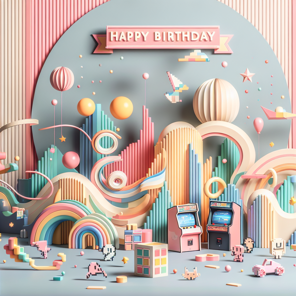 Create a whimsical birthday scene with an abstract backdrop decorated in pastel colors. Introduce abstract shapes such as gentle curves and soft-edged triangles playfully dancing across the setting, fostering a festive and high-spirited atmosphere. Amidst these elements, sprinkle in elements from vintage gaming, including pixelated 8-bit-like characters and classic arcade-style game machines. Ensure that the entire scene captures a balance between a cute, contemporary aesthetic and the iconic symbols of retro gaming, thus creating a nostalgic atmosphere that harks back to the golden era of gaming.
Generated with these themes: Retro gaming.
Made with ❤️ by AI.