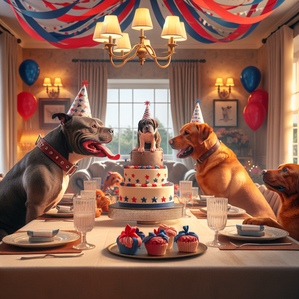 Imagine a comfortable dining room decorated in warm, American-inspired themes. A birthday celebration is happening here. The table is set gracefully with modest elegance. Among the attendees, there's a Staffordshire Bull Terrier adorned with a playful party hat, interacting warmly with a Red Labrador, who is distinguished by an attractive bow tied around its neck. The ceiling is beautifully covered with streamers in the shades of red, white, and blue, symbolizing the theme. At the center of the scene, there's a carefully crafted cake decorated with highly-realistic sugar figurines representing the two dog breeds partaking in the celebration. As this heartwarming social event unfolds, subtle, soothing music sets the backdrop, enhancing the feeling of friendship and warmth in the room.
Generated with these themes: Staffordshire bill terrier, Red labrador, and America.
Made with ❤️ by AI.