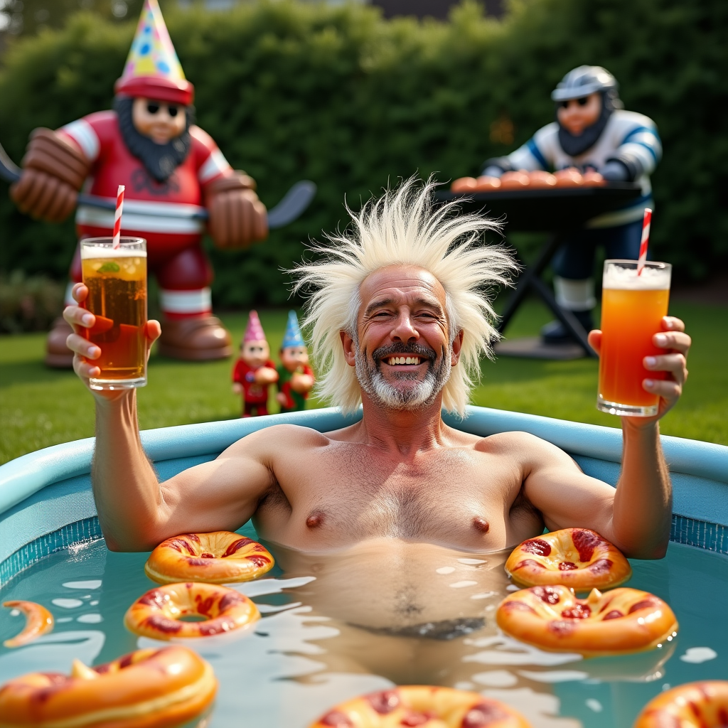 At the top of the realistic photograph image: "Cheers to your 50th, you're aged to perfection—like cheese... and maybe that wine you're hugging!"

**Image Prompt:**  
A hyper-realistic photograph of a middle-aged man with wild, windswept Pasi Marjamäki-style hockey hair and a jubilant grin, lounging in a kiddie pool filled with bubbly champagne and floating pizza slices. He’s double-fisting an absurdly large cocktail in one hand and a greasy burger in the other. Birthday balloons shaped like giant donuts float around him, while tiny garden gnomes on skateboards deliver snacks across the lawn. Behind him, a grill shaped like a hockey helmet sizzles with rainbow-colored sausages, and a life-size cutout of Pasi Marjamäki stands approvingly, wearing a birthday hat and sunglasses. The entire scene radiates delicious, chaotic mid-life birthday bliss.
Generated with these themes: Drinks and food, and Pasi marjamaki.
Made with ❤️ by AI.