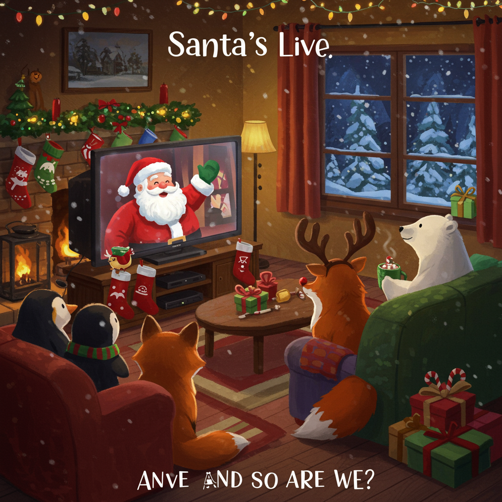 Animals Santa on tv, and Christmas Card