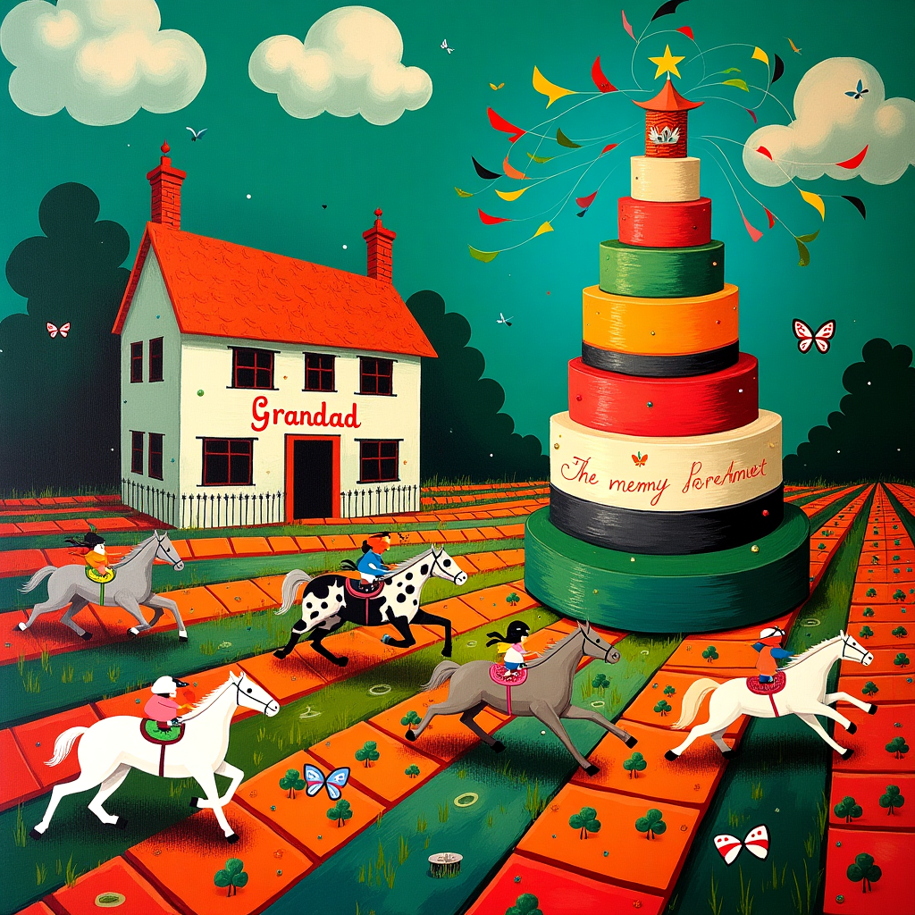 In this surreal and abstract birthday card scene, imagine a kaleidoscope of vibrant colors reminiscent of Kandinsky's dynamic compositions and Mondrian's love for geometric play. The foreground bursts into life with a whimsical horse race, where horses are not your average steeds but painted with abstract swirls and stripes like Pollock’s frenetic energy, galloping atop a sprawling chessboard of dominos instead of grass. Each domino is meticulously detailed with Irish motifs: tiny shamrocks and Celtic knots, intertwining the cultural essence into the chaos. 

In the background, an eccentric, tilted Irish pub emerges, inspired by de Kooning’s expressive brushwork. Its walls are decorated with playing cards fluttering in a soft, imagined breeze, some of which are in the process of transforming into butterflies mid-air, creating a blend of reality and fantasy. Above, the sky is a Rothko-esque gradient of deep emerald greens and soft blues, punctuated by fluffy clouds, in one of which the name "Grandad" is sculpted in a flowing script. This ethereal signature appears to be made of mist and light, capturing the focus with its delicate yet impactful presence.

At the center of this abstract universe, a towering, layered cake stands with its texture mimicking the gentle strokes of Agnes Martin, each tier representing a decade of life, decorated with tiny dominos and racing horses as a nod to the intertwined themes. Around the cake, twirls of Cy Twombly-inspired scribbles form a dynamic halo, encapsulating the energy of celebration and life lived fully. The overall scene is a vibrant, swirling narrative, combining the celebration of an 80th birthday with a visual symphony of horse racing, Irish charm, and pub culture.
Generated with these themes:  horse racing, 80th Birthday, irish, pub, dominos, cards.
Made with ❤️ by AI.