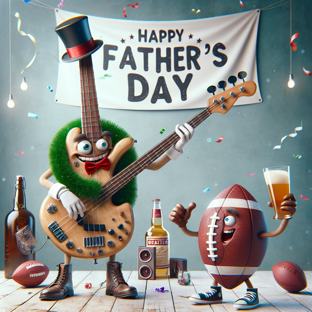 Create an imaginative and humorous Father's Day scene. In it, display an anthropomorphic bass guitar draped in festive garland, amusingly strumming itself. Alongside, portray a football dressed up in a bow tie and sporting cleats, both entities appearing to share a laugh. In the backdrop, feature a jovial bottle of vodka donning a top hat, raising a glass in celebration. Fill the surroundings with floating confetti and write 'Happy Father's Day' whimsically across the sky.
Generated with these themes: Bass guitar, holiday, vodka, football.
Made with ❤️ by AI.