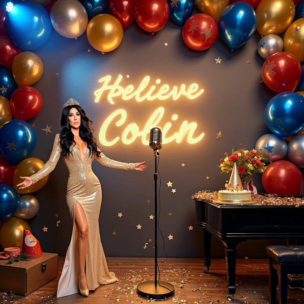 The scene is set on a stage reminiscent of a grand Eurovision performance. Center stage is a microphone stand with a classic retro mic, adorned with a glittering golden "Happy Birthday Colin" banner above it. To the left, there's a life-sized cardboard cutout of Cher, dressed in one of her iconic sequin outfits, complete with a bejeweled headdress. Cher is mid-pose, one arm outstretched as if she's about to sing "Believe."

Behind her, a giant screen displays the Eurovision logo, subtly shimmering with multicolored lights. The backdrop is filled with an array of balloons in vibrant hues - blues, reds, golds, and silvers - each with a small, sparkling musical note printed on them, representing the musical essence of Eurovision. 

To the right of the stage, there's a grand piano with a bouquet of helium balloons tied to it, floating upwards. On the piano bench, a party hat sits next to a small cake with "Colin" written in elegant icing.

The floor is scattered with confetti in the shape of stars and music notes, adding a festive touch. At the foot of the stage, an open gift box spills over with more balloons and some rolled-up Eurovision posters. The spotlight is focused on the microphone, highlighting the words "Happy Birthday Colin" in a radiant, golden glow. 

Every element of the scene is detailed with meticulous care, ensuring that it tells the story of a joyous celebration blending Colin's birthday with the glitz of Eurovision and the timeless presence of Cher.
Generated with these themes: Happy Birthday Colin , Eurovision, Cher, and Balloons.
Made with ❤️ by AI.