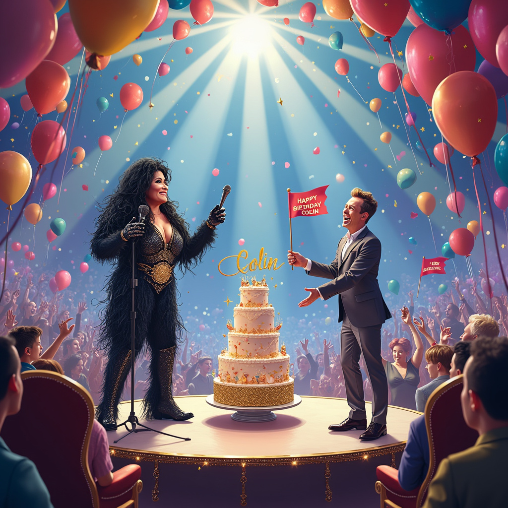 Happy Birthday Colin , Eurovision, Cher, and Balloons Birthday Card