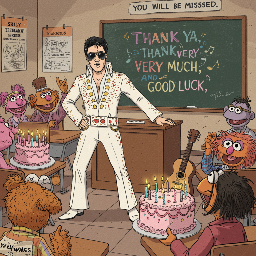 Elvis, Teaching , The muppets , Cake, and Farewell Card