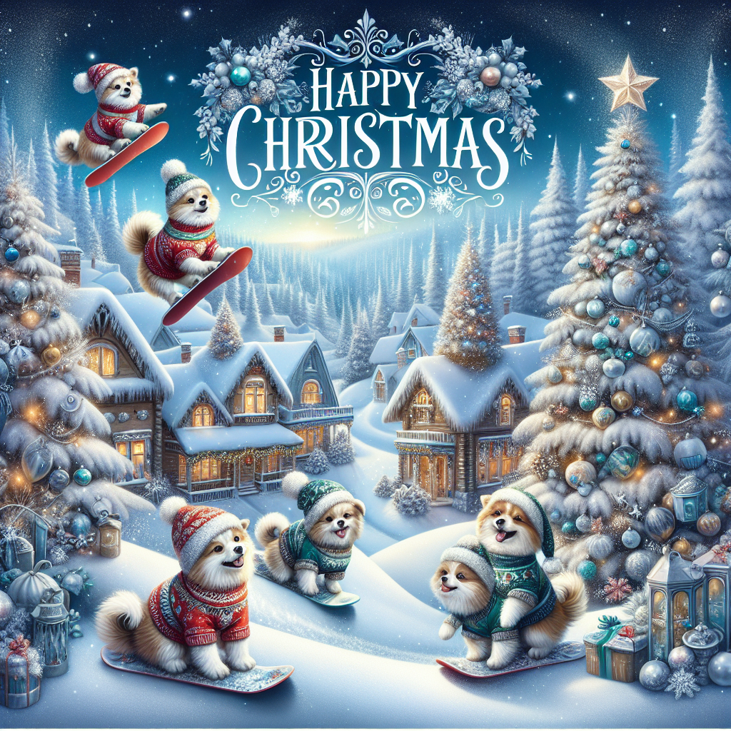 Amidst a picturesque backdrop of a quaint winter village, a group of dogs in jolly Christmas attire is captured mid-flight as they snowboard over a frosty hillock. The scene is festooned with magnificent Christmas trees decked in sparkling ornaments and lights. Overhead, the phrase 'Happy Christmas' is inscribed in an elegant, wintry script, tying the joyful scene together.
Generated with these themes: Dogs , Snowboarding , Winter village , and Christmas trees .
Made with ❤️ by AI.