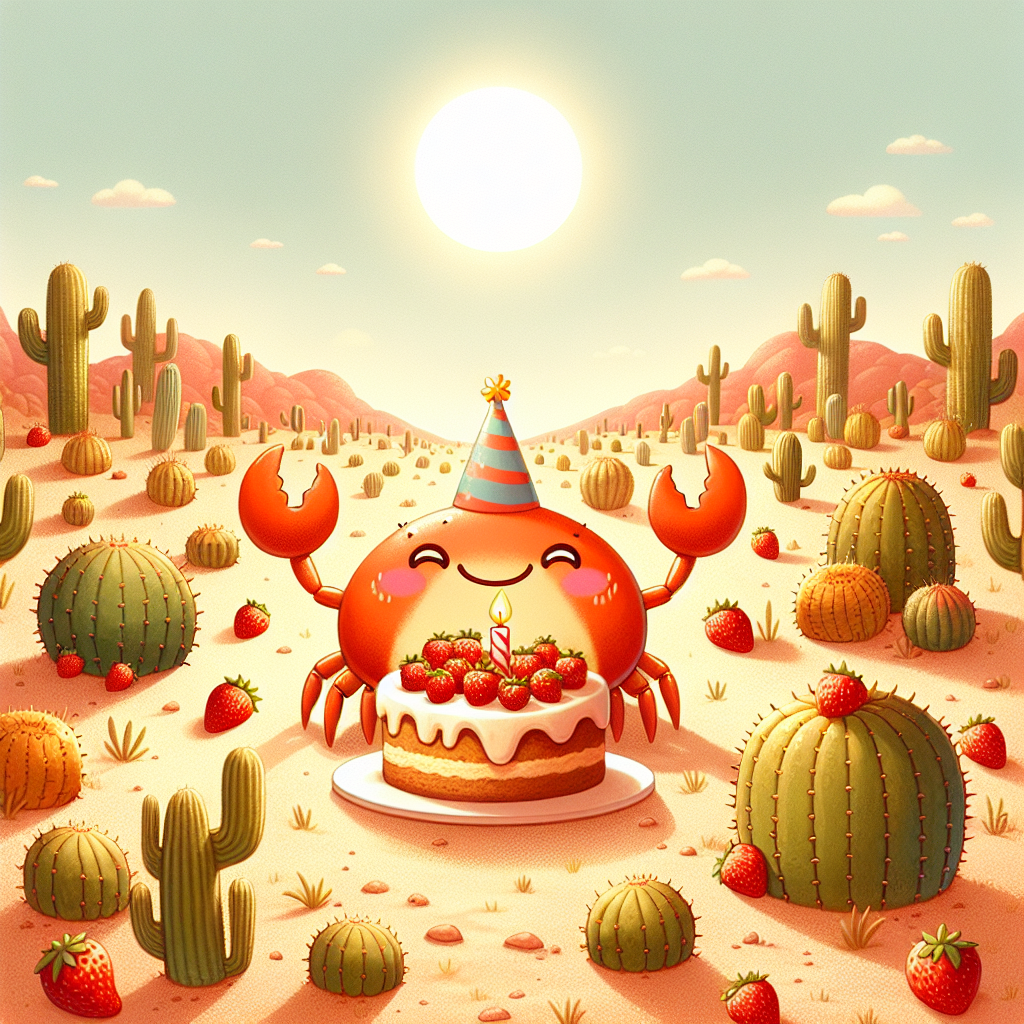 Drawing of a festive birthday setup where a cheerful crab presents a strawberry-topped cake amidst a desert landscape dotted with cacti.
Generated with these interests: Crab, Strawberry , and Cactus.
Made with ❤️ by AI.