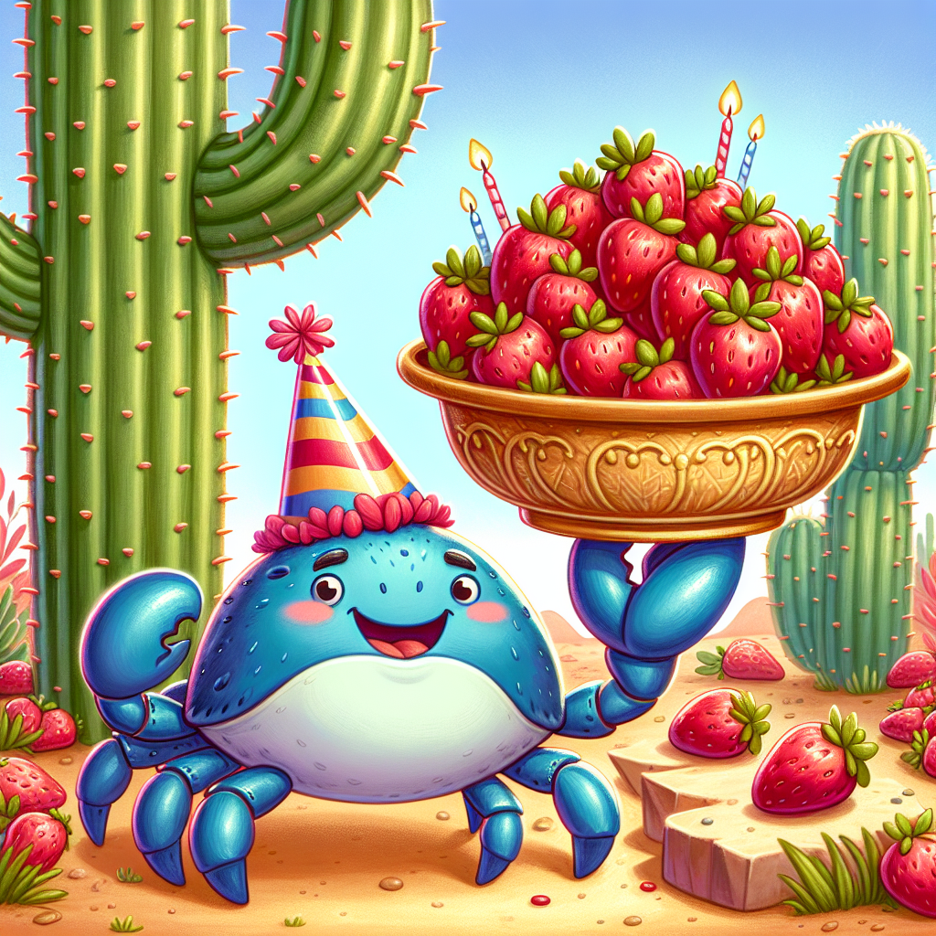 Illustration of a whimsical birthday scene depicting a crab in a party hat, holding a platter full of strawberries, while relaxing under a shady cactus.
Generated with these interests: Crab, Strawberry , and Cactus.
Made with ❤️ by AI.