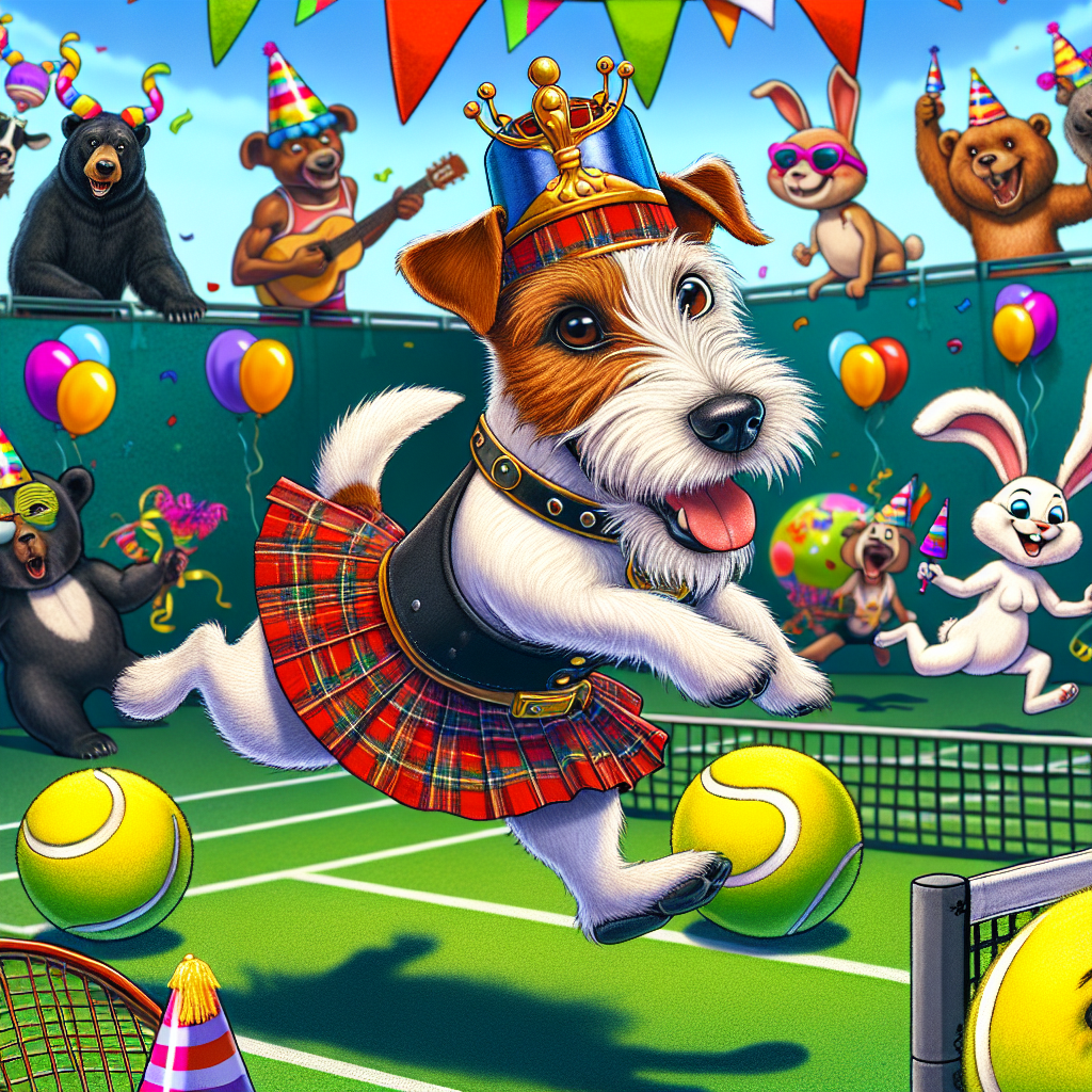 Create a whimsical image in a playful cartoon style. In this birthday scene, a clever and cheeky Jack Russell terrier in a traditional Scottish kilt is leaping across a tennis court. The court has been creatively transformed with unconventional and festive birthday decorations involving a net made of bright streamers and tennis balls wearing tiny party hats. In the vibrant and energetic background, different types of animated animals -- like a black bear, a white rabbit, and a South Asian elephant -- are cheering and reveling in the festive atmosphere of the birthday celebration. Their joyful expressions reflect the happiness and excitement intrinsic to such special events.
Generated with these themes: Jack Russell terrier, Real tennis, and Scottish kilt.
Made with ❤️ by AI.
