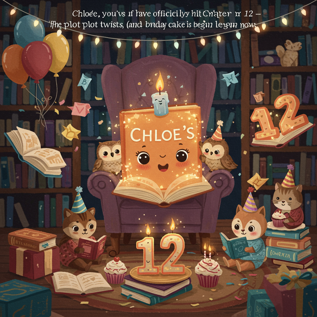 At the top of the illustration image, "Chloe, you’ve officially hit Chapter 12 — the plot twists (and birthday cake) begin now!"

An illustration of a whimsical, cozy library scene under a glowing string of birthday lights, where smiling books wear tiny party hats and float gently through the air like balloons. In the center, a comfy armchair throne sits open with a giant, friendly book titled “Chloe’s 12th Year” beaming with sparkles, while a group of wide-eyed animal friends (a wise owl, a reading bunny, a bookish cat) gather around reading mini storybooks and eating cupcakes. A big number "12" candle flickers gently atop a stack of storybooks beside them, and magical letters float around like confetti in the air. The overall mood is cozy, bookish, and absolutely adorable.
Generated with these themes: 12, Books, and Reading.
Made with ❤️ by AI.