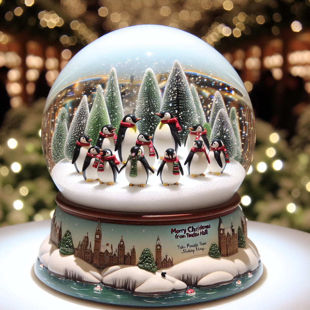 An adorable scene unfolds within a crystal-clear snowglobe where a group of round, fluffy penguins wearing red and green scarves glide over a frozen pond. The snow-sparkled trees in the background frame the enchanting miniature world. Curled around the base of the snowglobe, the text 'Merry Christmas from Trades Hall' is etched into the snow in a fun, child-like handwriting, adding to the overall charm of the piece.
Generated with these themes: Snowglobe.
Made with ❤️ by AI.