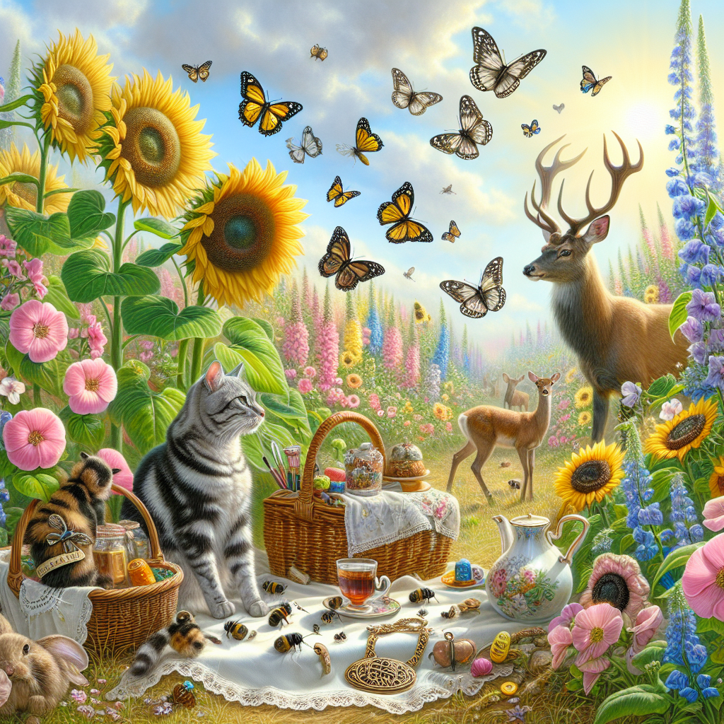 Paint a tranquil Easter scene in a meadow rich with sunflowers and sweetpea blossoms. Depict fluffy bumblebees and incredibly detailed butterflies dancing around the flowers. Add a playful tabby cat pawing at the insects, along with a deer peacefully watching the scene, with a symbolic sacred heart pendant around its neck to represent renewal. Include a vintage sewing basket and an ornate tea set nearby, suggesting a festive gathering under the soft hues of the spring sky. Make sure the overall atmosphere suggests the sweet smell of fresh blooms, inspiring peace and joyful celebration.
Generated with these themes: Butterflies , Deer, Tabby cat, Tea, Sacred Heart, Sewing, Sweetpea, and Sunflowers .
Made with ❤️ by AI.